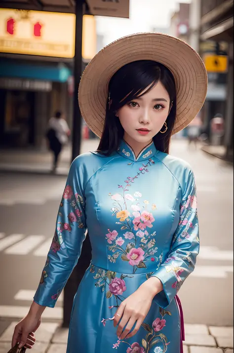 a beautiful girl in vintage bright colors aodai tradition viet nam, city nigth, masterpiece, best quality, realistic:1.3, street...