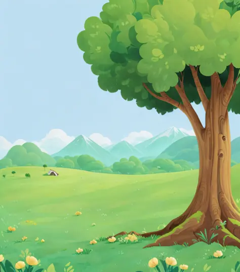 storybook illustration，illustration of a tree on green meadow，the background is mountains, arte de fundo, background artwork, na...