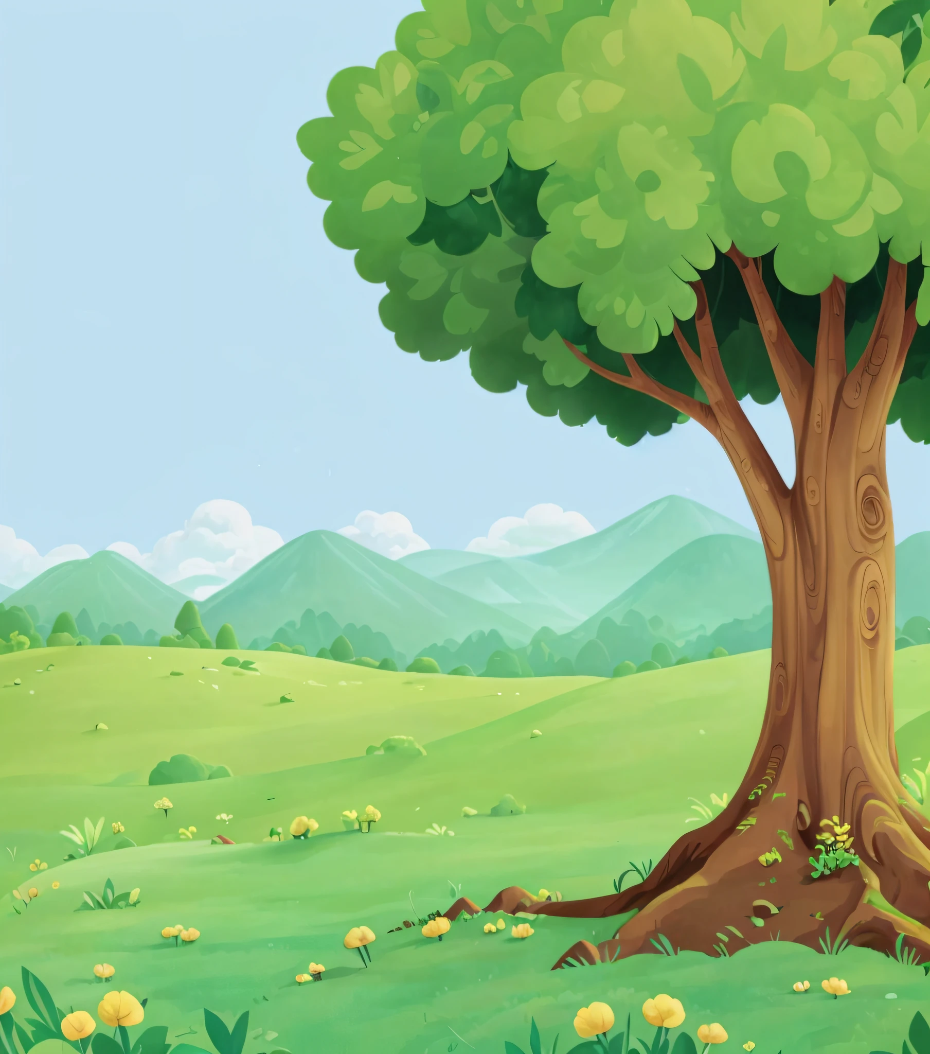 storybook illustration，Illustration of a tree on green meadow，The background is mountains, arte de fundo, background artwork, Natural background, Landscape illustration, Park background, the tree is growing on a meadow, Natural background, setting in nature, made of tree and fantasy valley,floorplan。