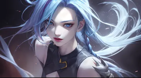 league of legend, the game character, Portrait of Jinx, Colorful background, with rich details, Sad, High detail, Modern, Chiaroscuro, Depth of field, Cinematic lighting, dynamic blur，above waist，Sparkle, Luminism, Anime style, ultra high def, 巨作, ccurate,...