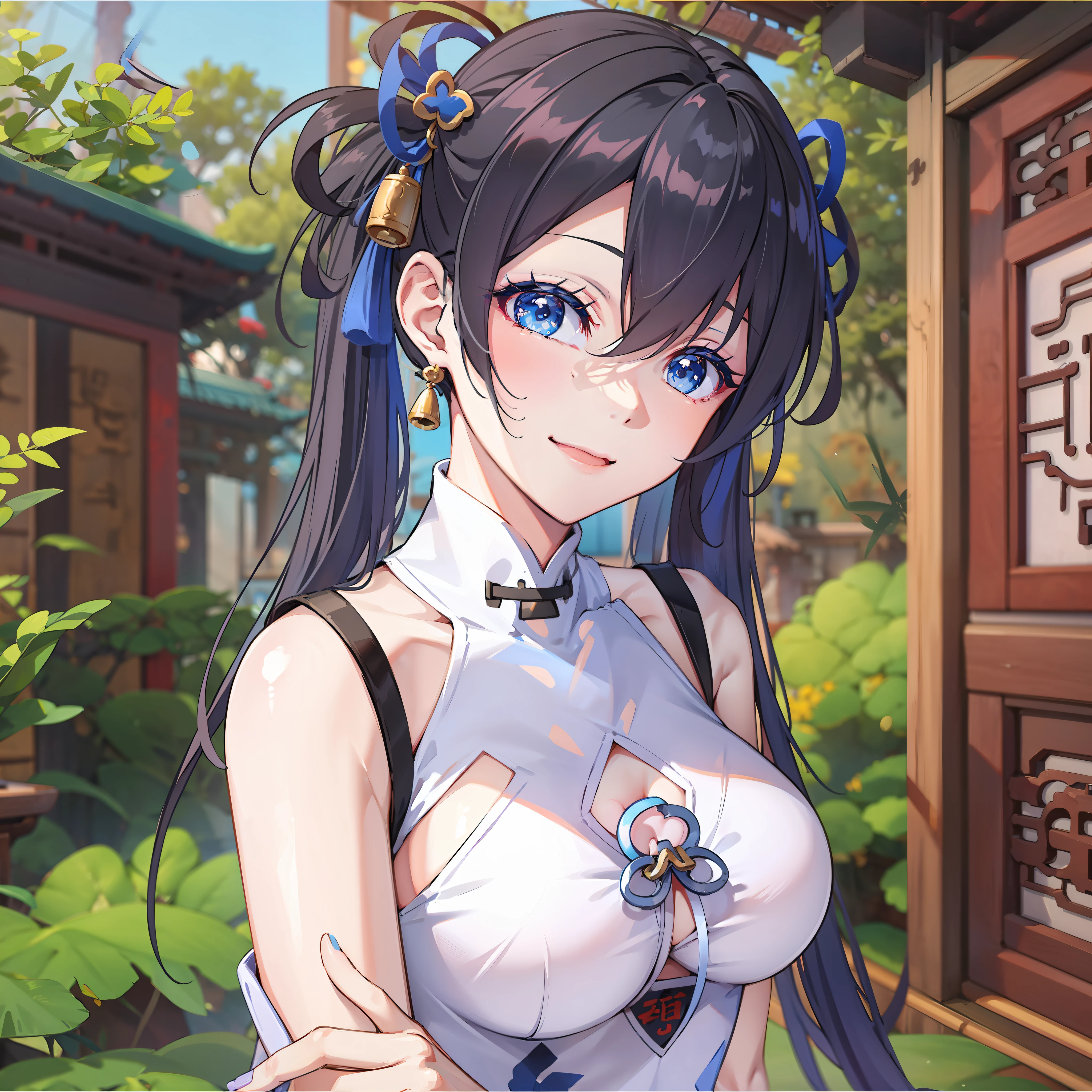 Anime Girl with long thin hair in 2 pigtails and blue ties, anime girl with black hair, off shoulder, Using a white blue cheongsam, smile, Stand relaxed Outside the traditional Chinese house, blue eyes, masterpiece, UHD, Big eyes