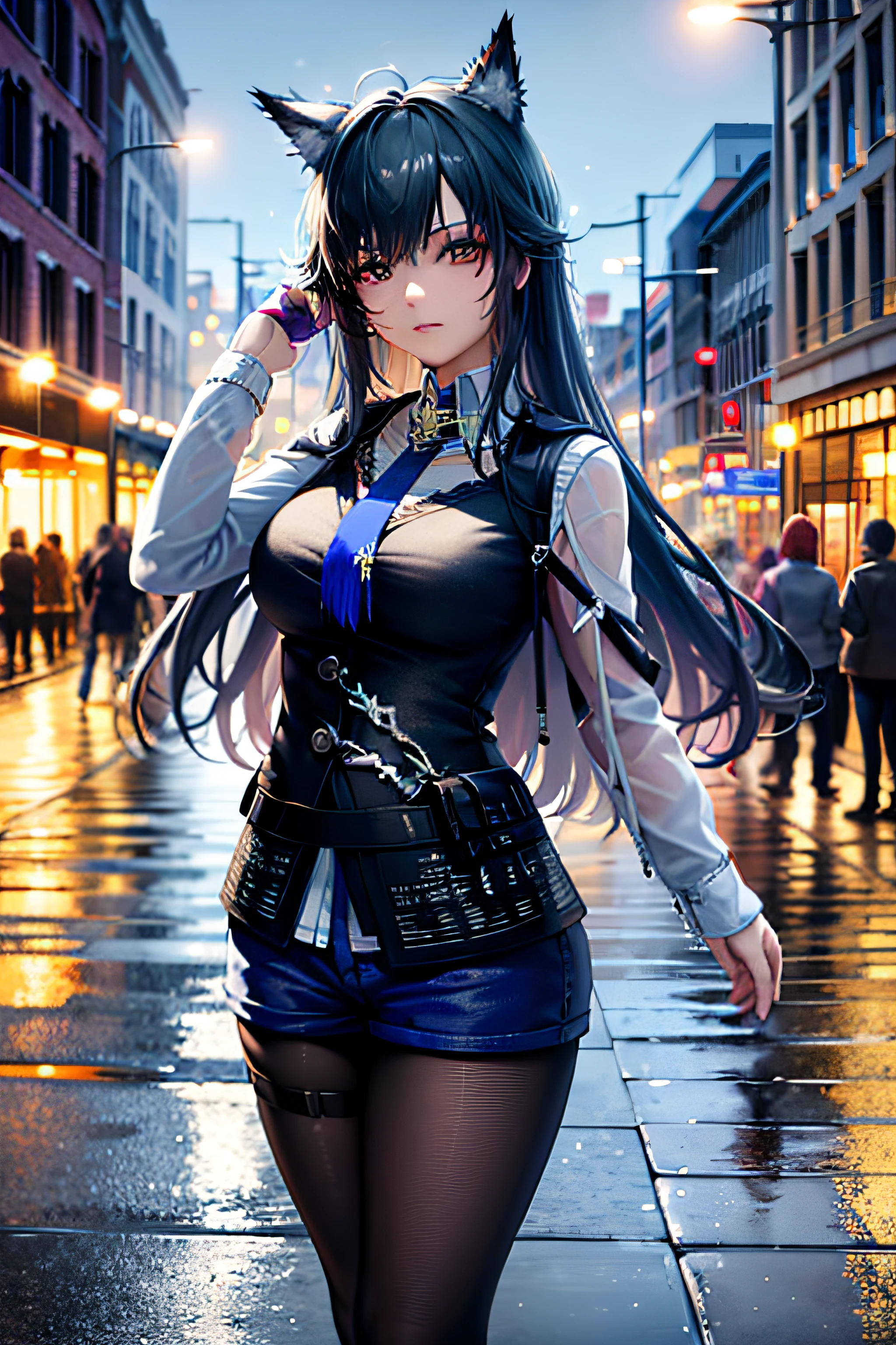 (best quality, masterpiece: 1.3), 1girl, rainy day, fog, alley, umbrella holding, large and transparent umbrella, looking at the viewer, blue hair, facing the photo, cyberpunk city, alone in the alley, neon in the alley, very reflective city, long hair, sized strands going over the alley, bars, Japan, Tokyo, garter belt on one leg, knee pad on the other leg, perfect hand, delicate, night