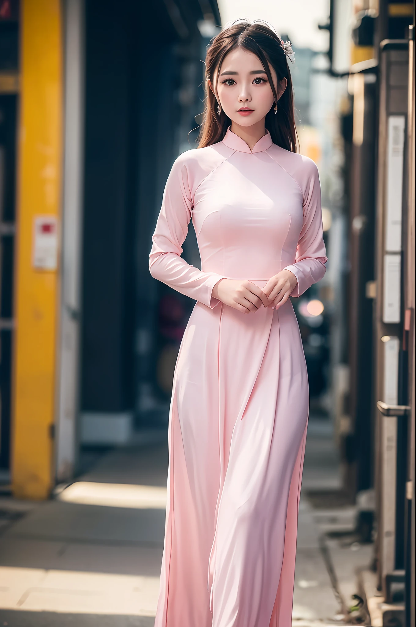 a beautiful girl in vintage pink colors aodai tradition viet nam, city nigth, masterpiece, best quality, realistic:1.3, street, cyberpunk, sunlight, backlighting, artstation, intricate details, vignette, city night, antique car, Hoi An