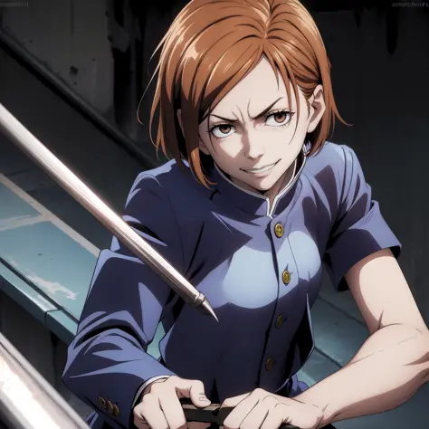 Nobara, jujutsu kaisen, brown hair,shor hair,  blu school uniform, wields a hammer, psychopathic smile