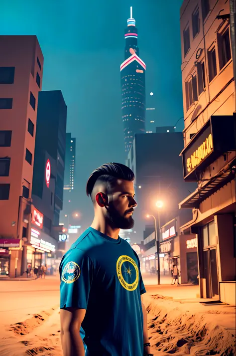 cinematic still shot, 1 man,  tshirt, punk hair style, yellow jacket, cyberpunk, moon surface, sand storm,  midnight, neon light...