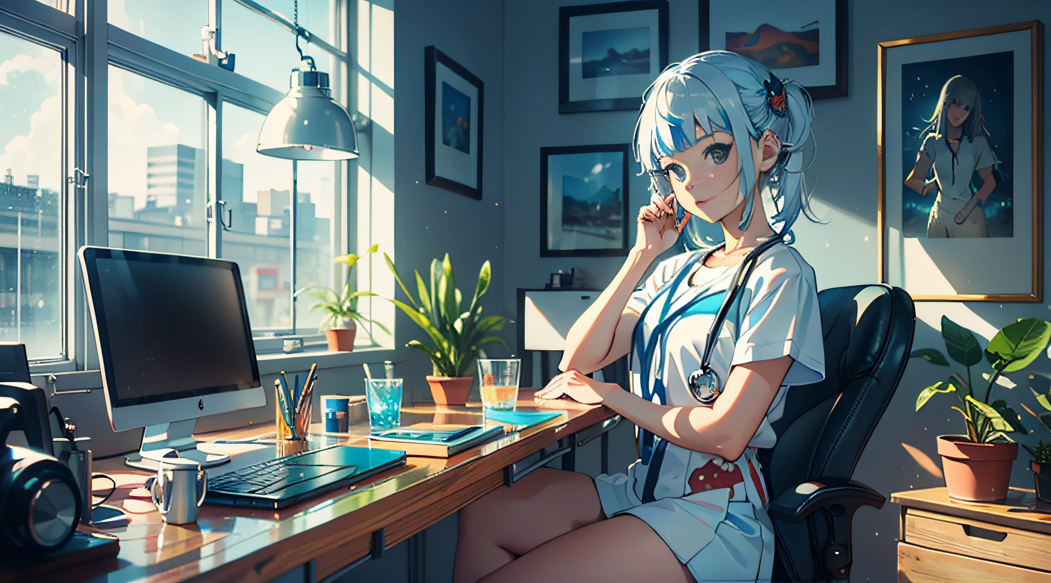 a girl doctor like anime loli, Blue hair, Young, 4K, upscales, ultra realisitic, animation cel, Natural face, beaturiful body, Perfect hands, Perfect body, Perfect legs, 12K, 8K, Perfect framing, Modern art, Modern style, Modern clothes, 5 fingers on each hand, Perfect hands, realistic hand, Ultra photo realsisim, sit in the Metal Blue futuristic office, watch the metal white windows view,There are dolphins, whales, and other marine creatures swimming outside the Metal white window 32k, realistic clean, vividcolor, Super Wide Angle Lens-by Si's whimsy