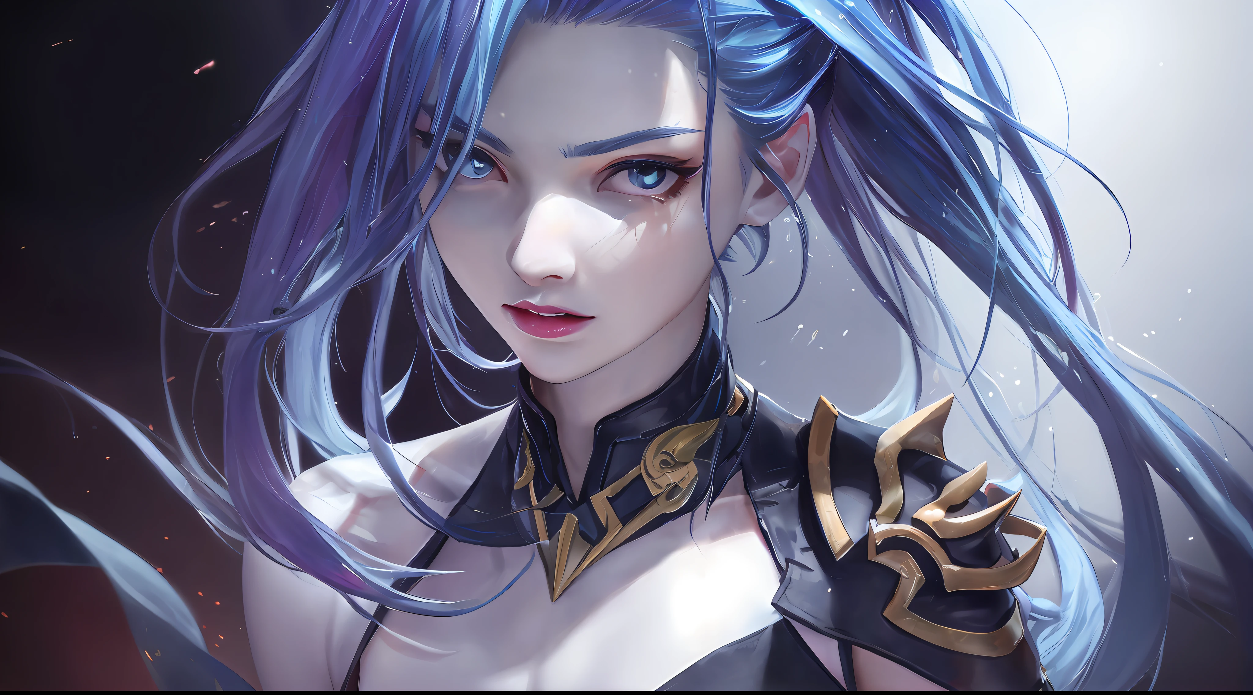 league of legend, the game character, Portrait of Jinx, long black robes，Colorful background, with rich details, Sad, High detail, Modern, Chiaroscuro, Depth of field, Cinematic lighting, dynamic blur，above waist，fromabove，Sparkle, Luminism, Anime style, ultra high def, 巨作, ccurate, Super detail, High quality, High details, 4K --auto