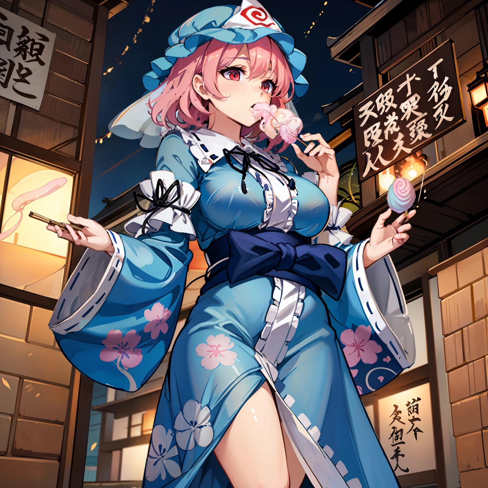 Maste Piece, Fine detail, 4K, 8K, 12K, Solo, One person, Beautiful Girl, caucasian female, Touhou Project Saigyoji. Yuyuko, Yukata, eating cotton candy, Summer Festival, Fireworks