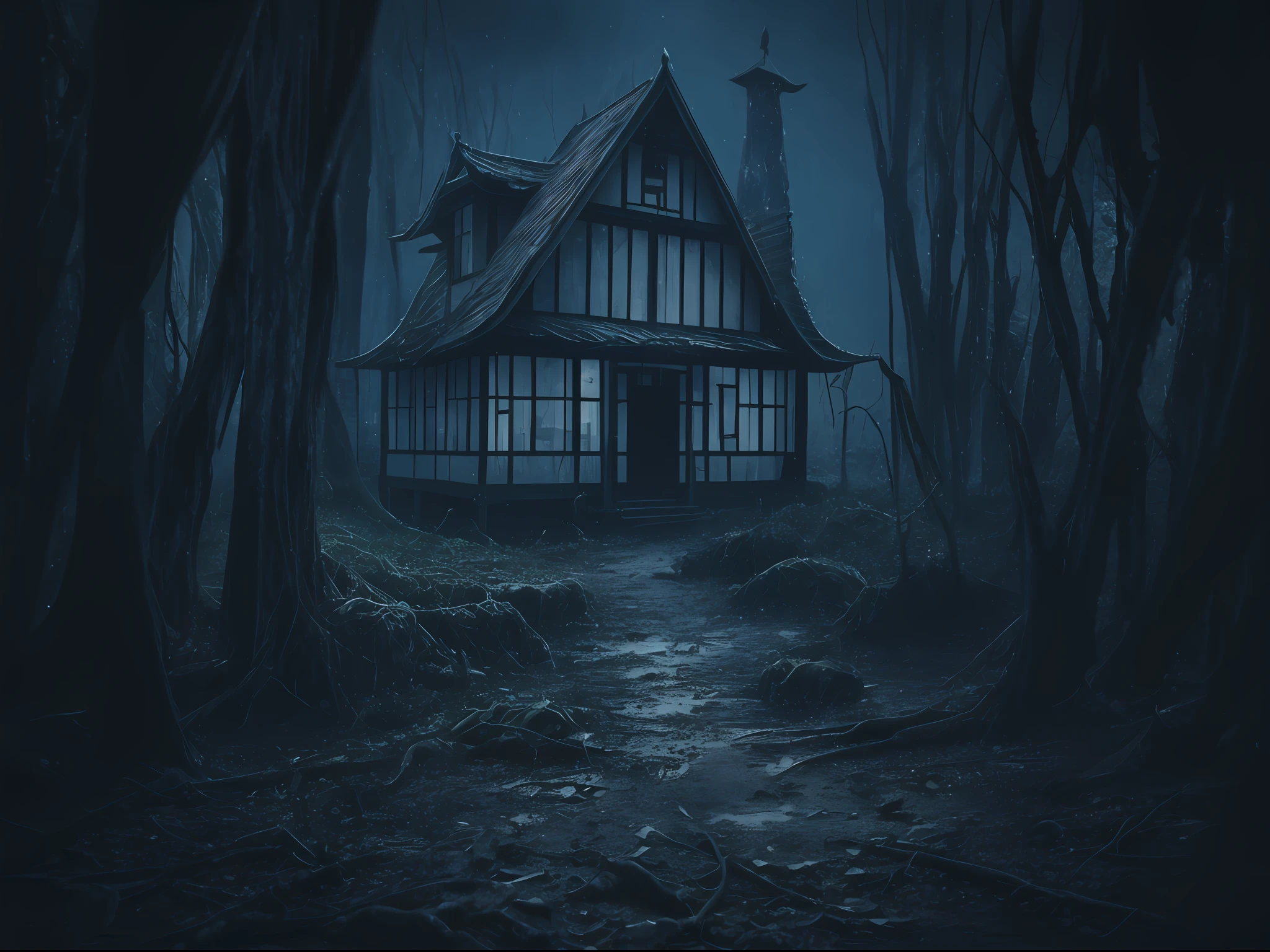 A dark house in the woods with a light shining on it - SeaArt AI