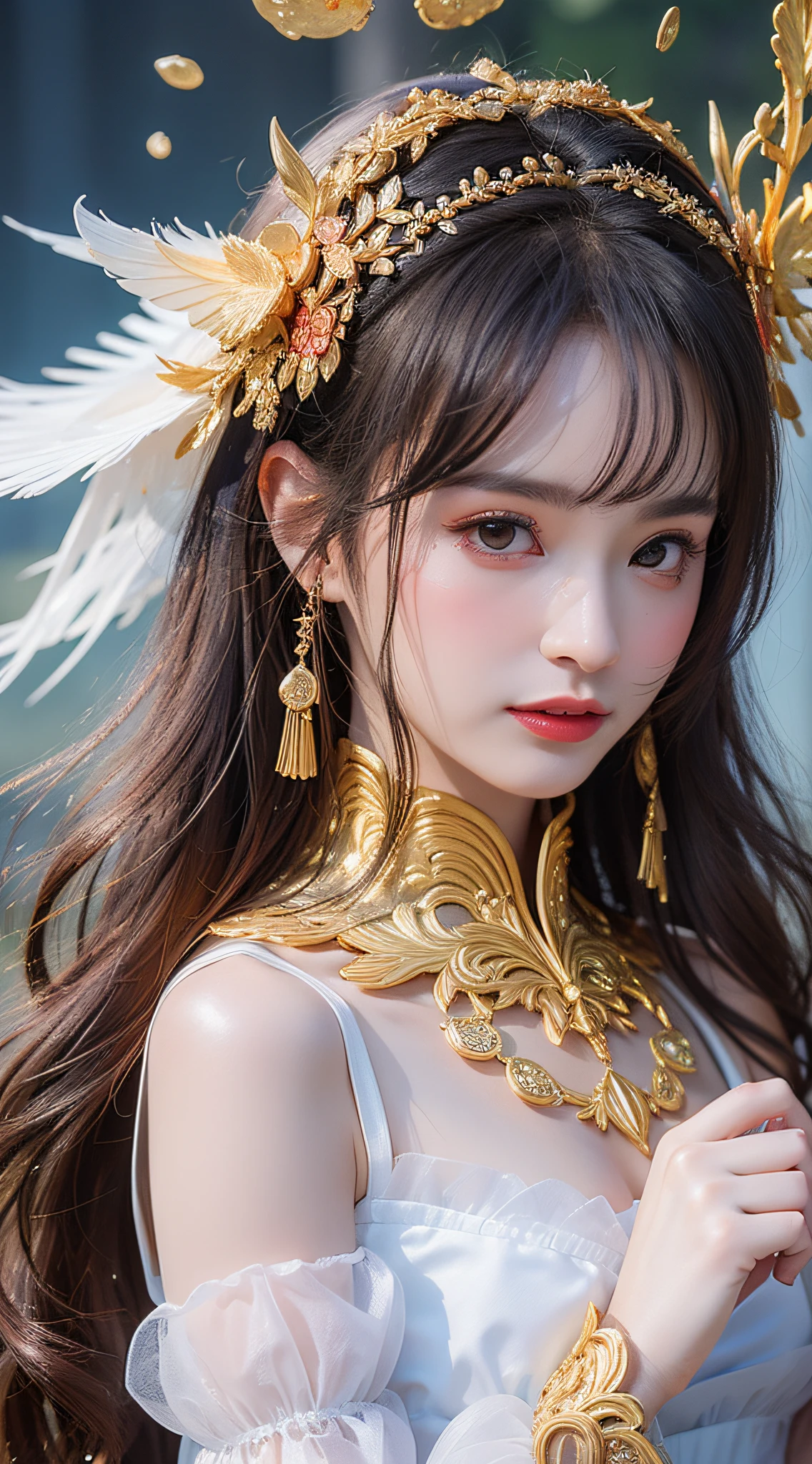 （Shy：1.3），（golden section：1.2），(8K, OriginalPhoto:1.2), Best quality, ultra-high-resolution,Dramatic angles,(fluttered detailed color splashs), (illustration),(((1 girl))),(Long hair),(Rain:0.9), (head piece:1.4),There is an ancient palace beside the girl,Hanfu,(focal point)， 巨作, Best quality, beautiful painted, highly-detailing,(Denoising:0.6),[Splash ink],((ink refraction)), (Beautiful detailed sky),Moon,highly,A detailed,(巨作, Best quality, Extremely detailed） CG Unity 8k wallpaper，nmasterpiece，the best quality，Ultra-detailded），（Stone garlic），