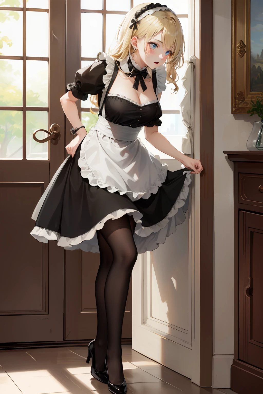 （masterpaintings，4K，ultra detaile：1.2），（animel：1.2），illustration，（photorealestic：1），（pphotorealistic：1），
Extremely delicate face，maid, to stand,Whole human body，oral-sexy,bigbreast,cleavage exposed, black lence stockings,high heel shoes,inside room（micro saia：1.5）, black and white maid clothes，coiffed blonde hair, Curly hair, bangs, Asymmetrical hair, Long hair hanging to the ground, Flowering, Devil Eyes, crescent earrings, haughty, god light, shadowed, ultra high def, 巨作, Anatomically correct, super detaill, High details, High quality, high resolucion