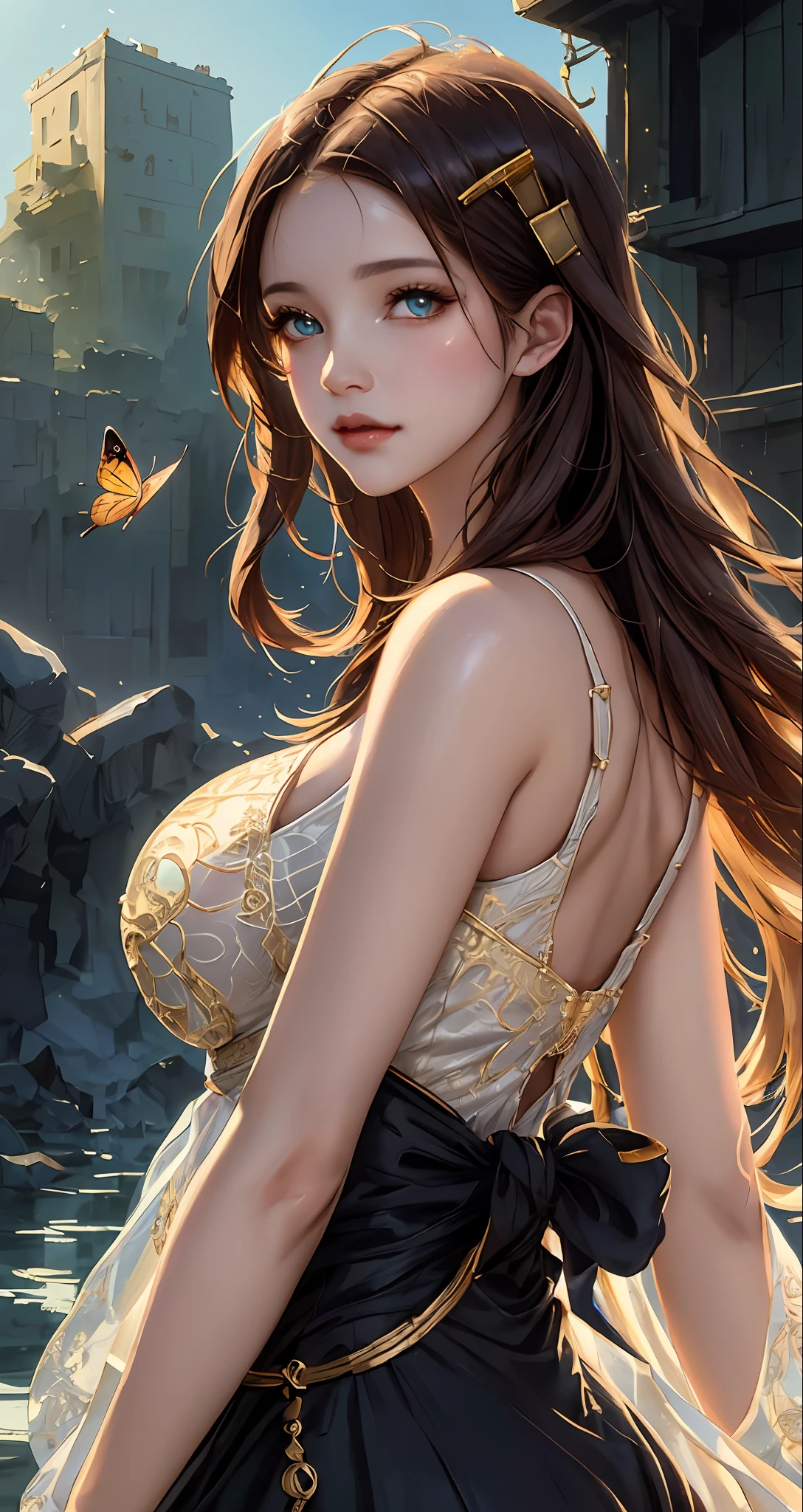 8k portrait of beautiful cyborg with brown hair, intricate, elegant, highly detailed, majestic, digital photography, art by artgerm and ruan jia and greg rutkowski surreal painting gold butterfly filigree, broken glass, (masterpiece, sidelighting, finely detailed beautiful eyes: 1.2), hdr,