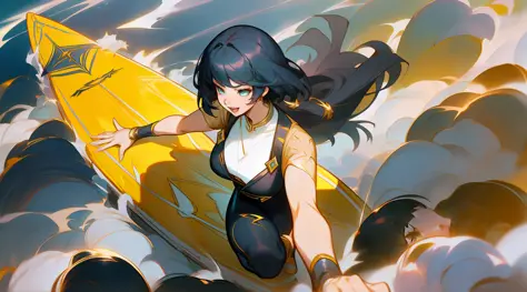 anime girl in a yellow and black outfit riding a surfboard, senna from league of legends, expressing joy. by Krenz Cushart, Offi...
