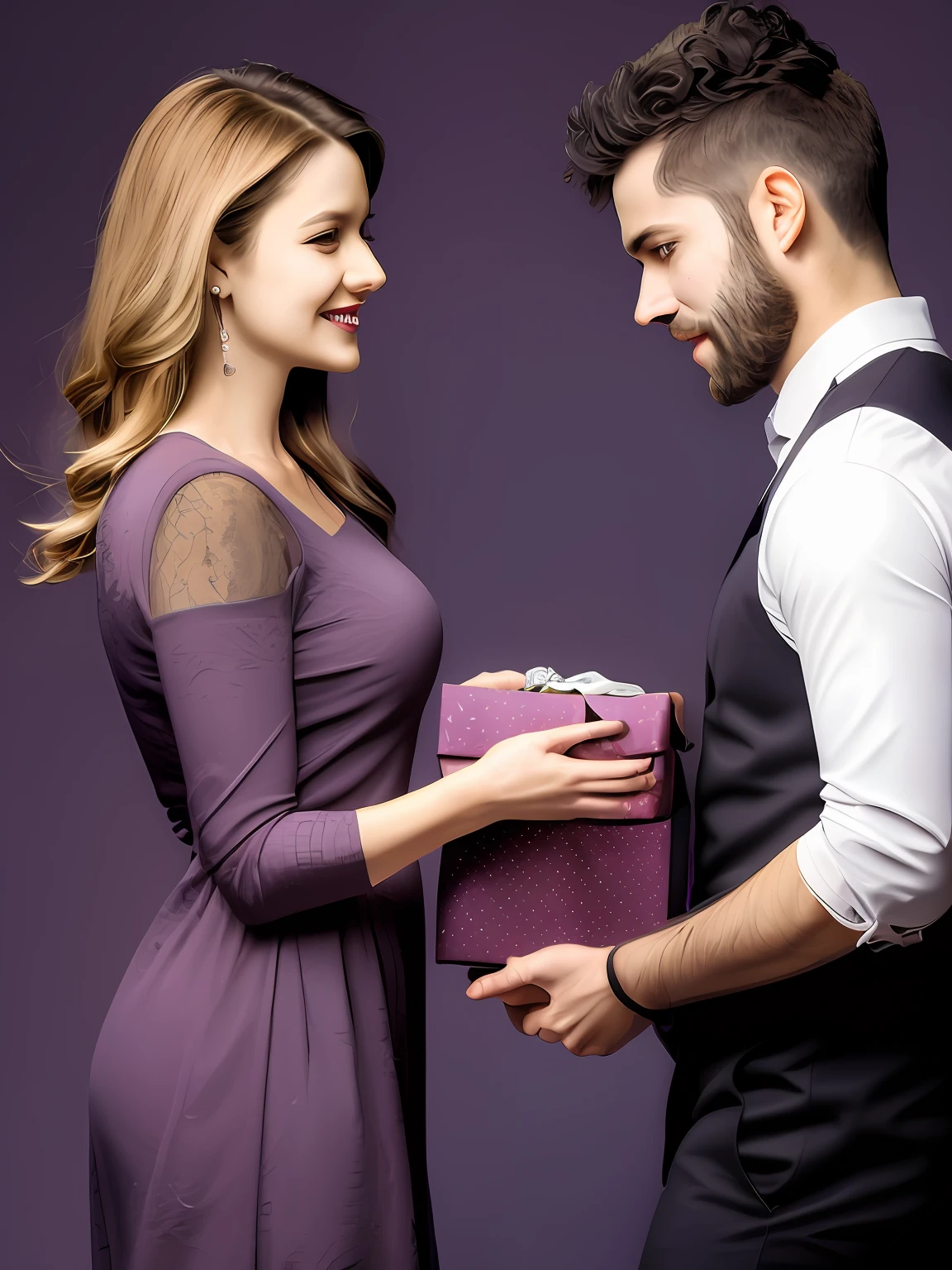 una pareja，mirarnos con cariño，Los hombres le dan a las mujeres una caja de regalo morada，vestimenta casual，Americano，fondo morado oscuro，Una obra maestra de la mejor calidad.，fotografías，fotorrealista，Un detallado，8K，hdr，poca profundidad de campo，luz amplia，alto contraste