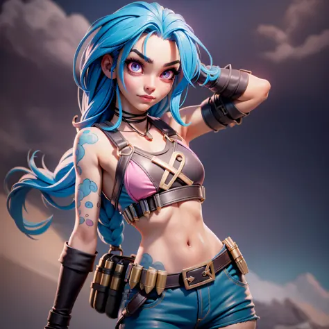 A beautiful girl，blue hairs，pigtails，brown-eyed，wearing sexy，flatchest，pistol，bullets，bazooka