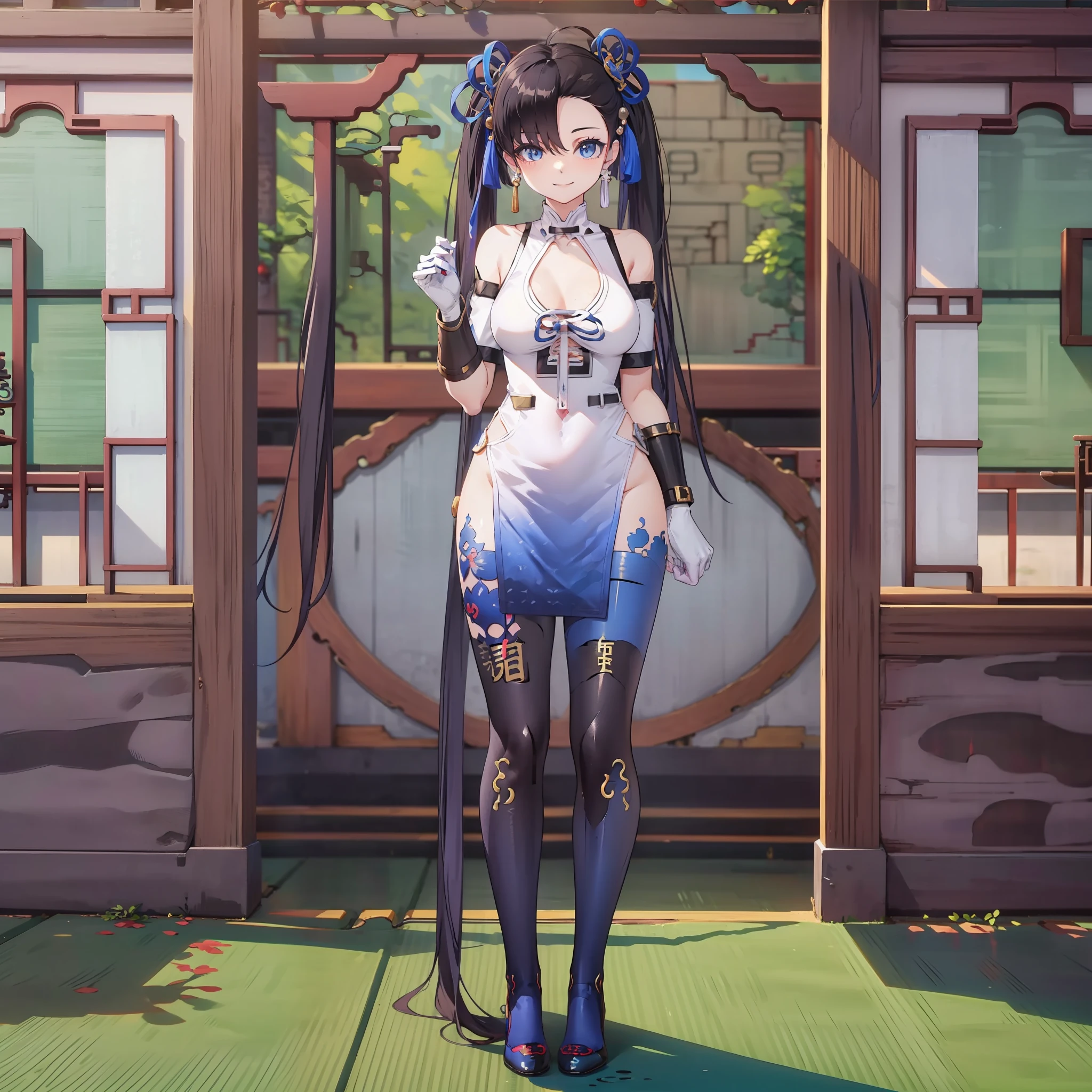 Anime Girl with long thin hair in 2 pigtails and blue ties, anime girl with black hair, off shoulder, Using a white blue cheongsam, smile, Stand Lean Outside the traditional Chinese house, blue eyes, masterpiece, UHD, Big eyes, full body