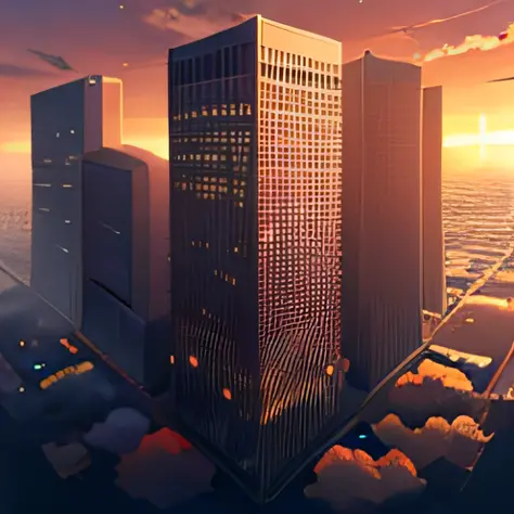 A top view of a futuristic city covered with skyscrapers in the sky and clouds. During sunset and High Quality and far view