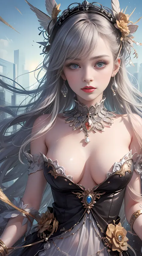 Ultra high quality，8K，Girls do not show their breasts，Do not show your chest，High cold wind，red lip，The head proportions are perfect，silverlong hair，Princess dress，Swan neck，and the sun is shining，necklace of diamonds，The body is well-proportioned，The colo...