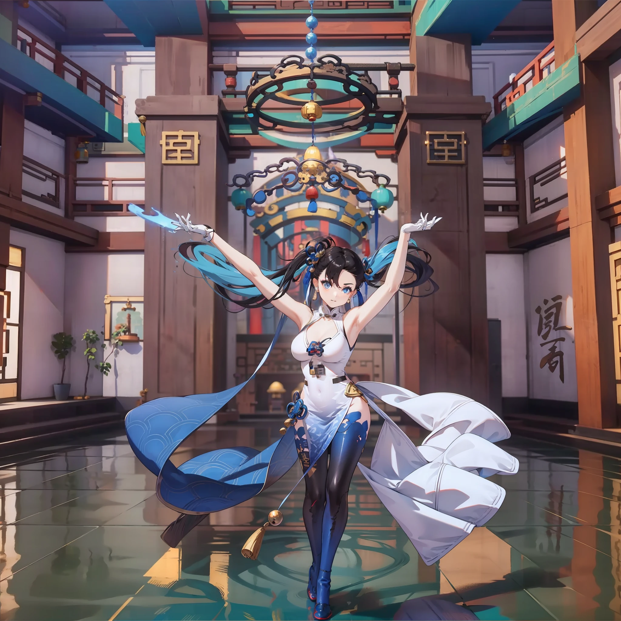 Using a white blue cheongsam, Dance style inside a traditional Chinese big temple, blue eyes, masterpiece, UHD, Big eyes, full body