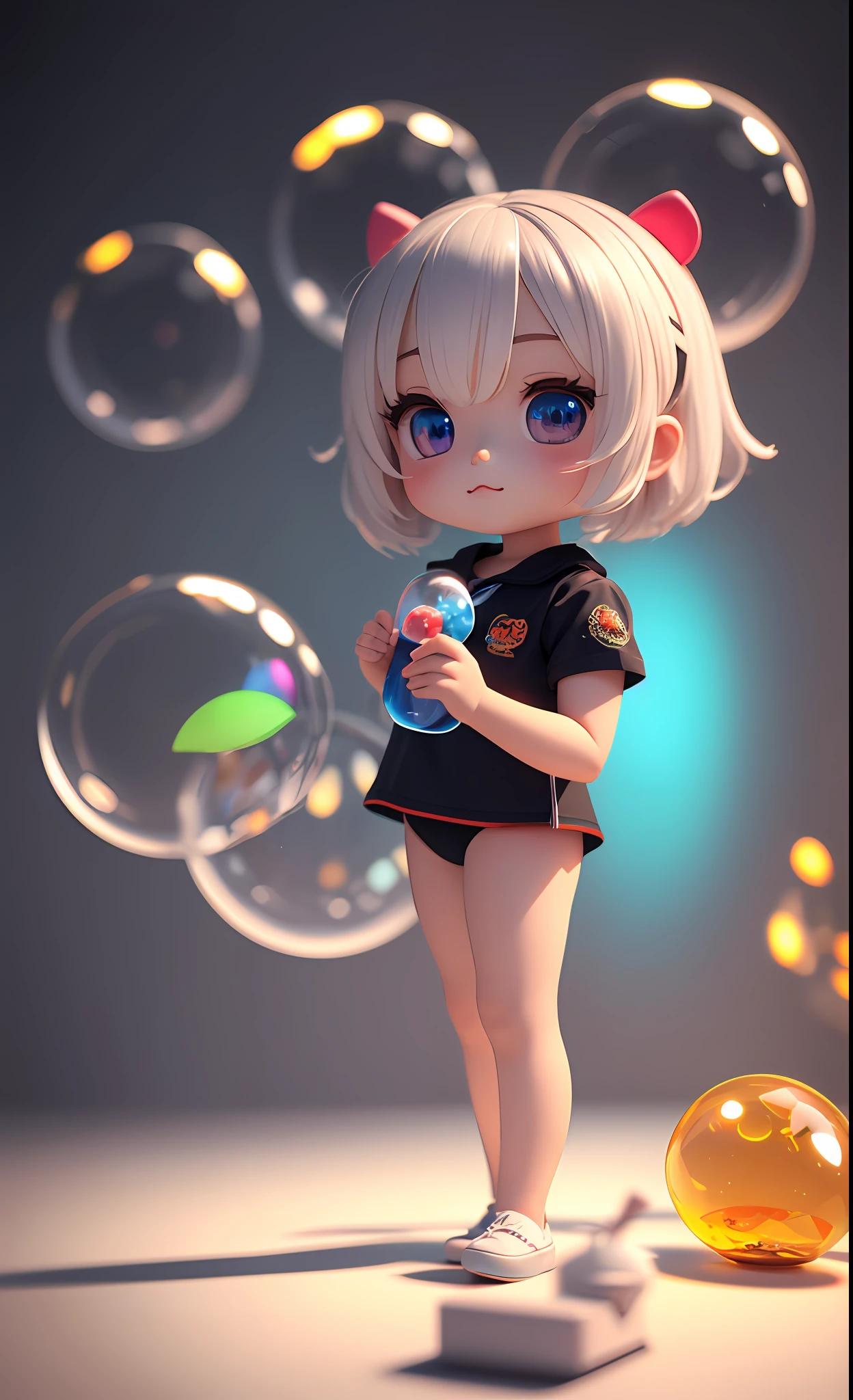 sophisticated mechanical parts,3 D toys bubble ,a white hairs girl in the center,chibi,kawaii,bauhaus,colorful,plastic,product design,glowing jelly,Global Illumination,awesome Lighting,3 D,digital art,close-up.3 d,super detailed,no boundary line,C4D,octane rendering,Blender,HD,full body,simple background