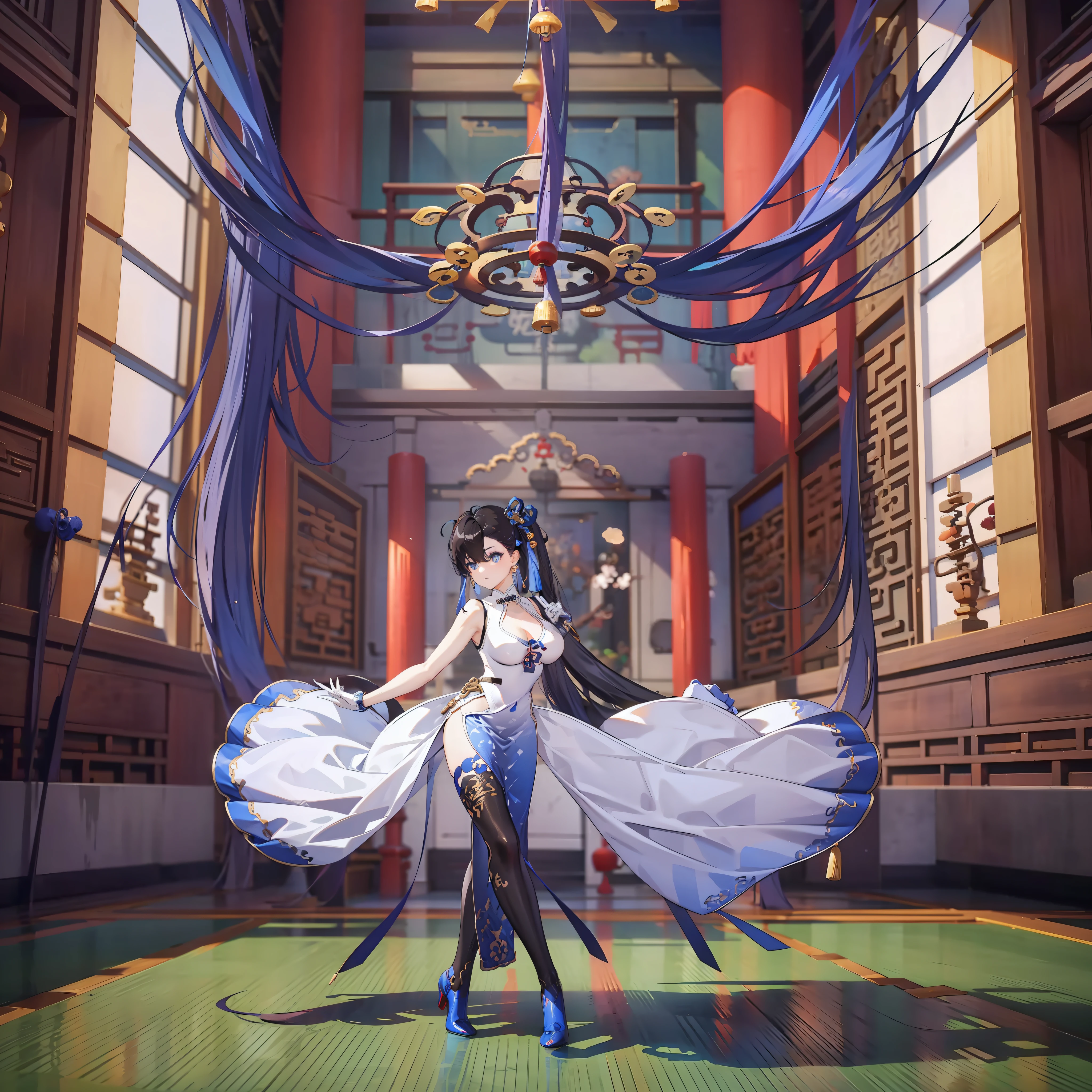 Using a white blue cheongsam, Dance style inside a traditional Chinese big temple, blue eyes, masterpiece, UHD, Big eyes, full body