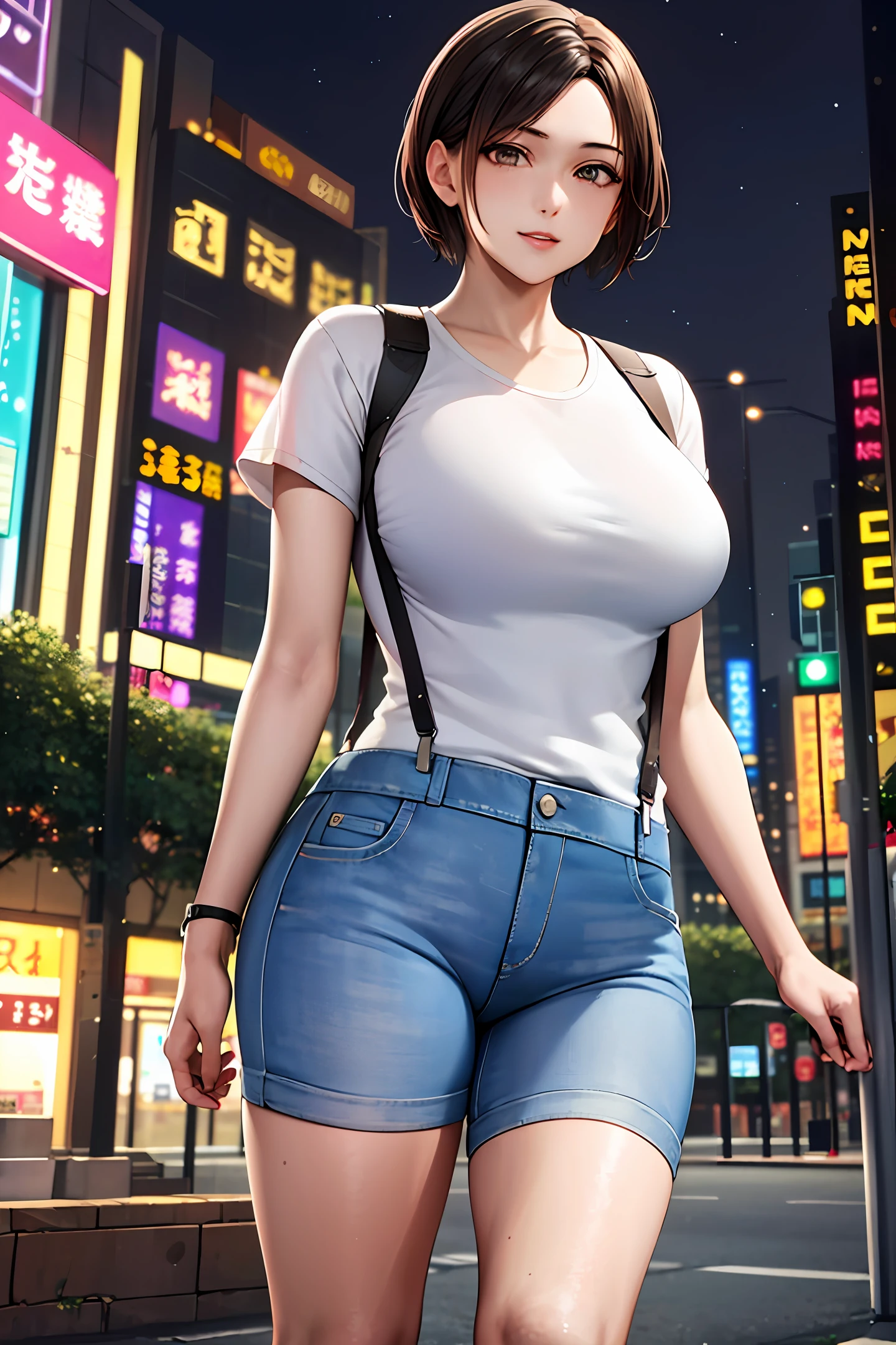8k, , Whole human body, Long legs, Focalors:1.2, perfect figure beautiful woman:1.4, Slim abs:1.1, ( large tits:1.2 )), (white tight t-shirt, Denim suspenders, to stand:1.2), ((city night scene, Highly detailed facial and skin texture, detailed eye, Double eyelids