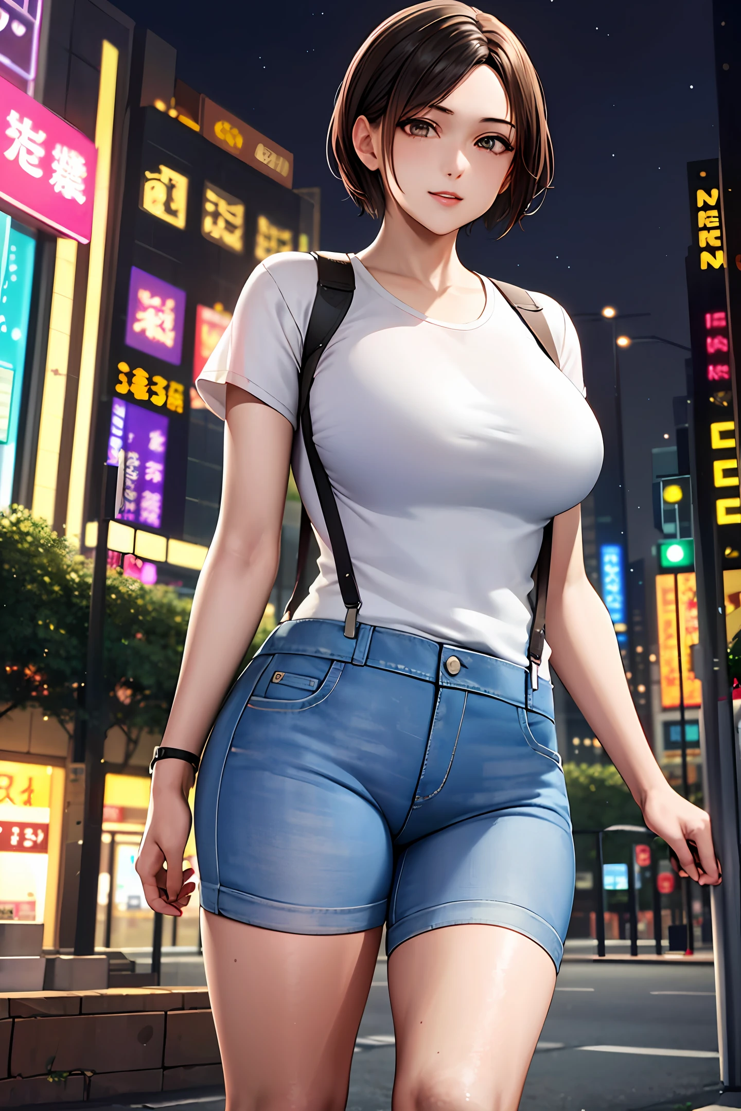 8k, , Whole human body, Long legs, Focalors:1.2, perfect figure beautiful woman:1.4, Slim abs:1.1, ( large tits:1.2 )), (white tight t-shirt, Denim suspenders, to stand:1.2), ((city night scene, Highly detailed facial and skin texture, detailed eye, 双眼皮