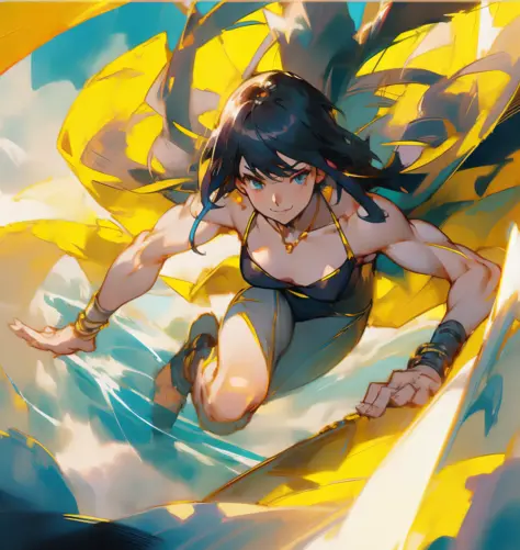 anime girl in a yellow and black outfit riding a surfboard， expressing joy. by Krenz Cushart, Official artwork, trending on arts...