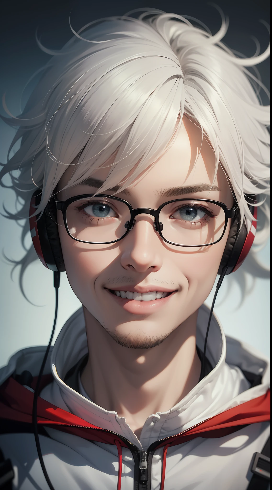 A Masterpiece, Best Quality, Official Art, 8kwallpaper, Solarization, Inverted Tones, Experimental Photography, Surreal Contrast, Stunning Visuals, Artistic Abstraction, Photography, Portrait, Extremely Detailed, Illustration, A Face Portrait of a Boy (Man) Smiling happy brown-eyed man wearing white colored headset wearing red glasses with white hair trendy white colored clothes white hooded jacket cute face