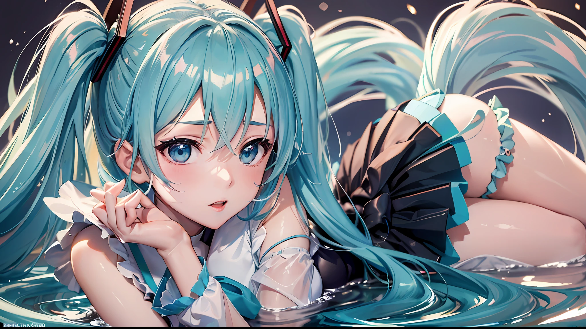 HATSUNEMIKU,A masterpice, beste-Quality, colourfull, femal, (High School Girls' Uniform), (gals), (Emotionless face), Cyan hair, shiny oily skin with high contrast,, huge long breasts, SFW ,