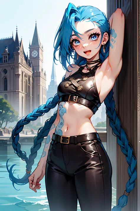 Jinx \(league of legend\), 1girl huge large breasts,Pixar style, face red，Shy，solo, Braid, twin braid, Long hair, Surprised Eyes,tattoo, Piercing, leather belts, Jewelry, Earrings, (big open eyes:0.9),see viewer, arm tattoos, (Background of medieval castle...