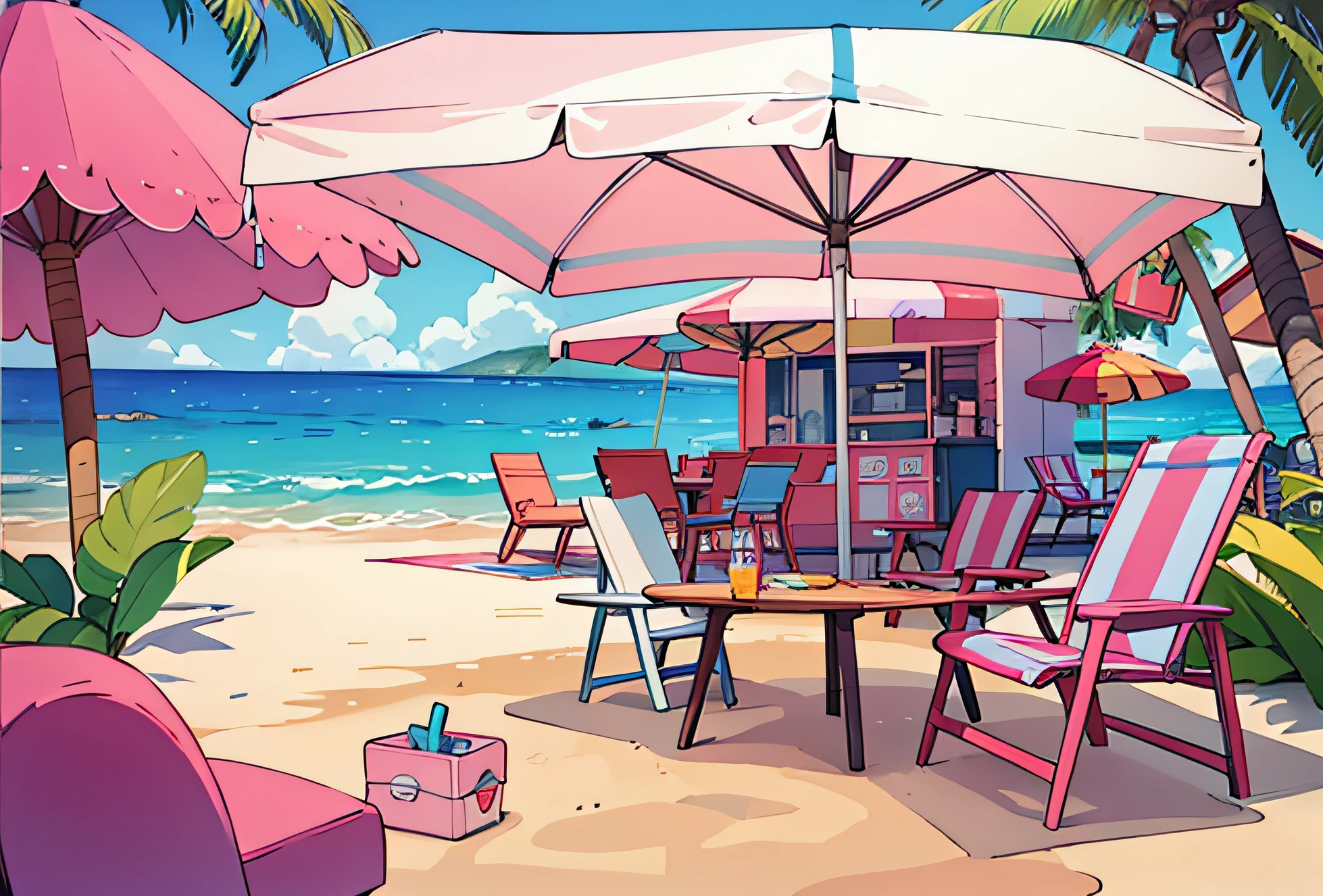 Pink sand beach in the background，Deep blue ocean，dia soleado，The sun is good，Pink surfboard under the awning，Two beach chairs in the middle，Pink cold drinks are spread in the back，It is surrounded by pink coconut trees，Barbie World，Perfect quality，Clear focus，Complicated details，ultra-low perspective，wide wide shot