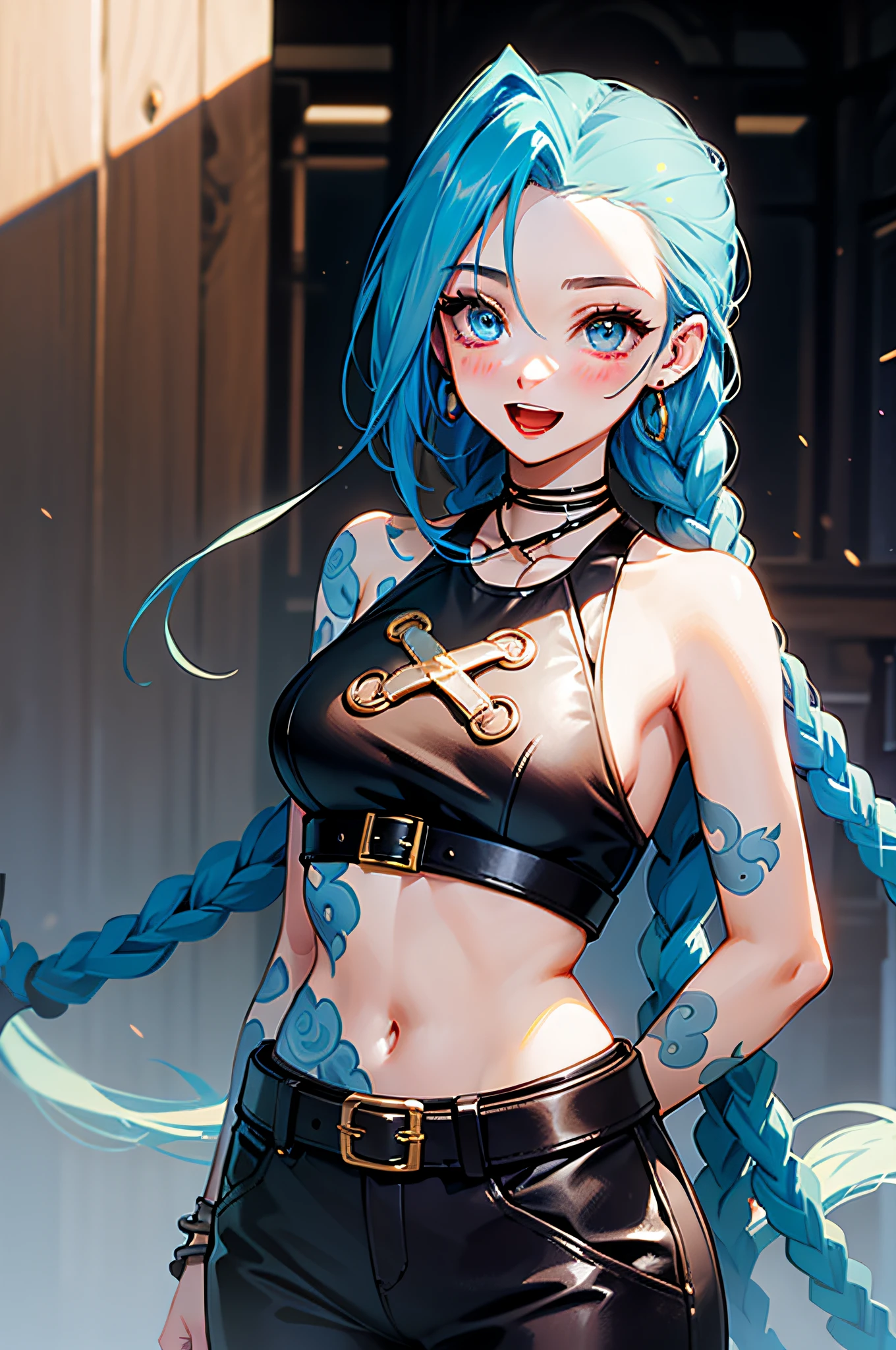 Jinx \(league of legend\), 1girl huge large breasts,Pixar style, face red，Shy，solo, Braid, twin braid, Long hair, Surprised Eyes,tattoo, Piercing, leather belts, Jewelry, Earrings, (big open eyes:0.9),see viewer, arm tattoos, (Background of medieval castles:1.1), Blue hair, Blush, Smile, v arms, necklac, Crop top, Small breasts, Green hair, shoulder tattoo, teeth, Open mouth, alternate costume, midriff, pants, Blue eyes,