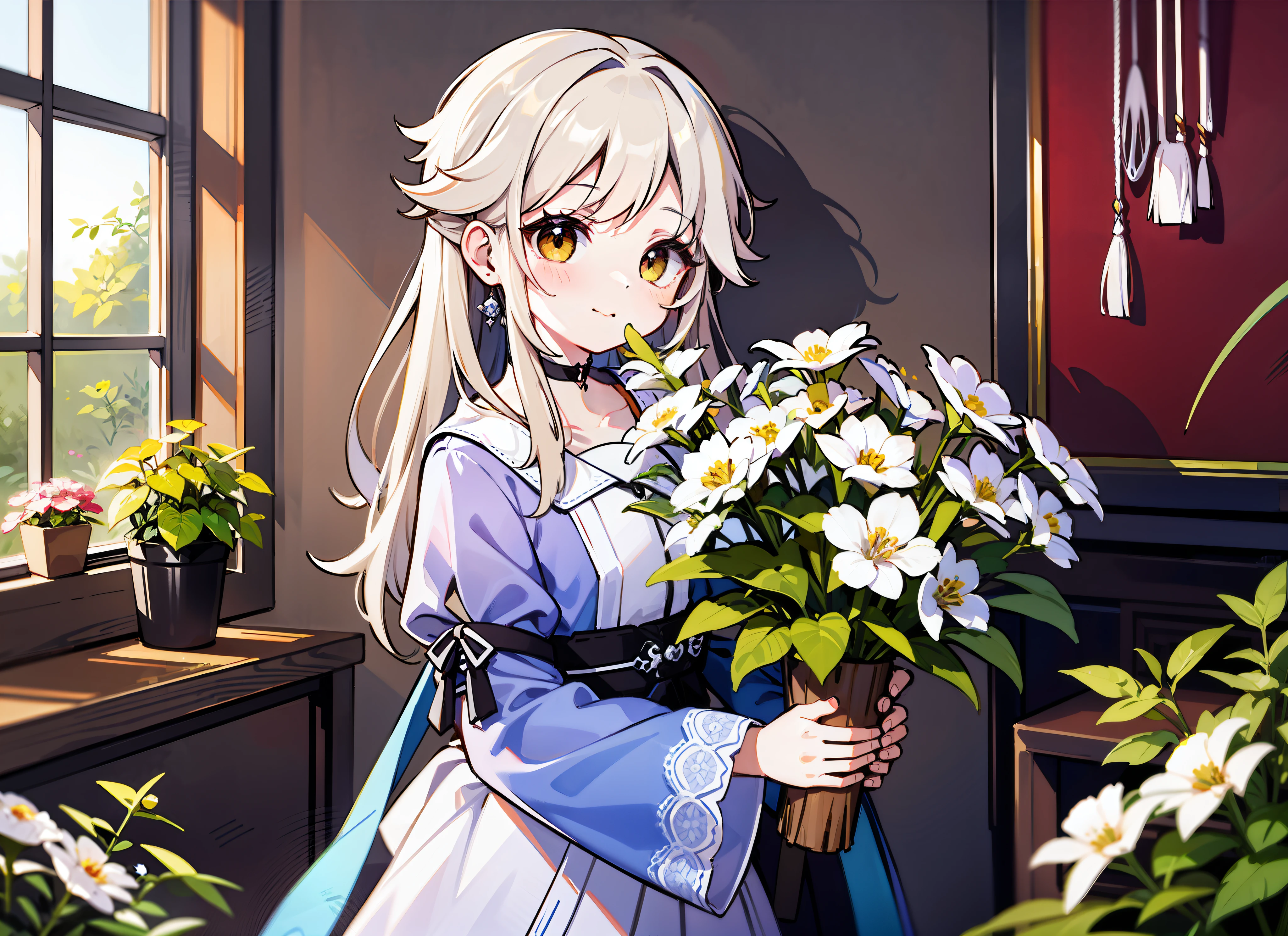 styled， masterpaintings， optimal quality， Special details， illustration，Sweet，interaction，Tuuli，florals，Lover holding flowers，Atmosphere of love，Fresh tones，Simple background，Girls have long white hair，The boy has short white hair，