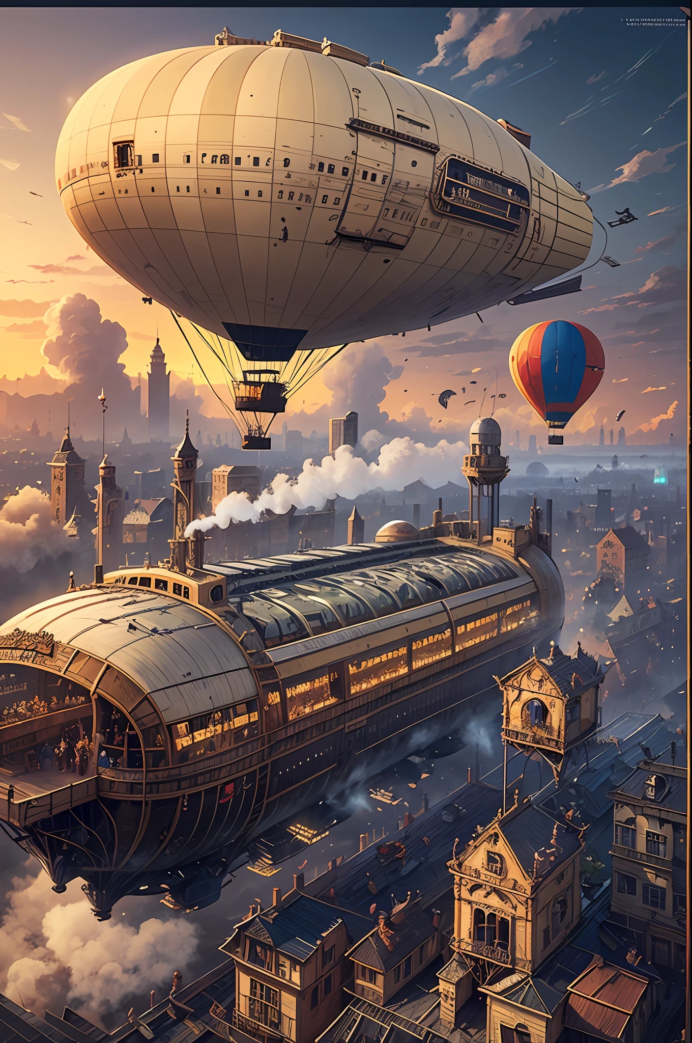 intricated details:1.2)、(A masterpice、:1.3)、(High Definition、16K resolution、landscapes、steam-punk、Zeppelin airship、Steam trains、balloon