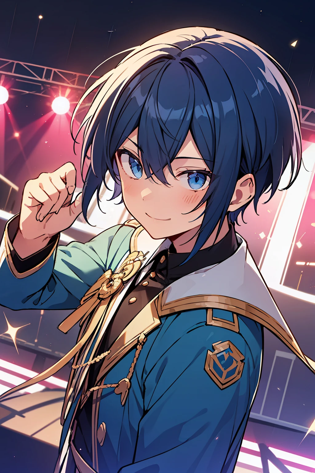 (high-quality, breathtaking),(expressive eyes, perfect face), 1boy, male, solo, short, young boy, dark blue hair, blue eyes, smile, blue idol outfit, on stage