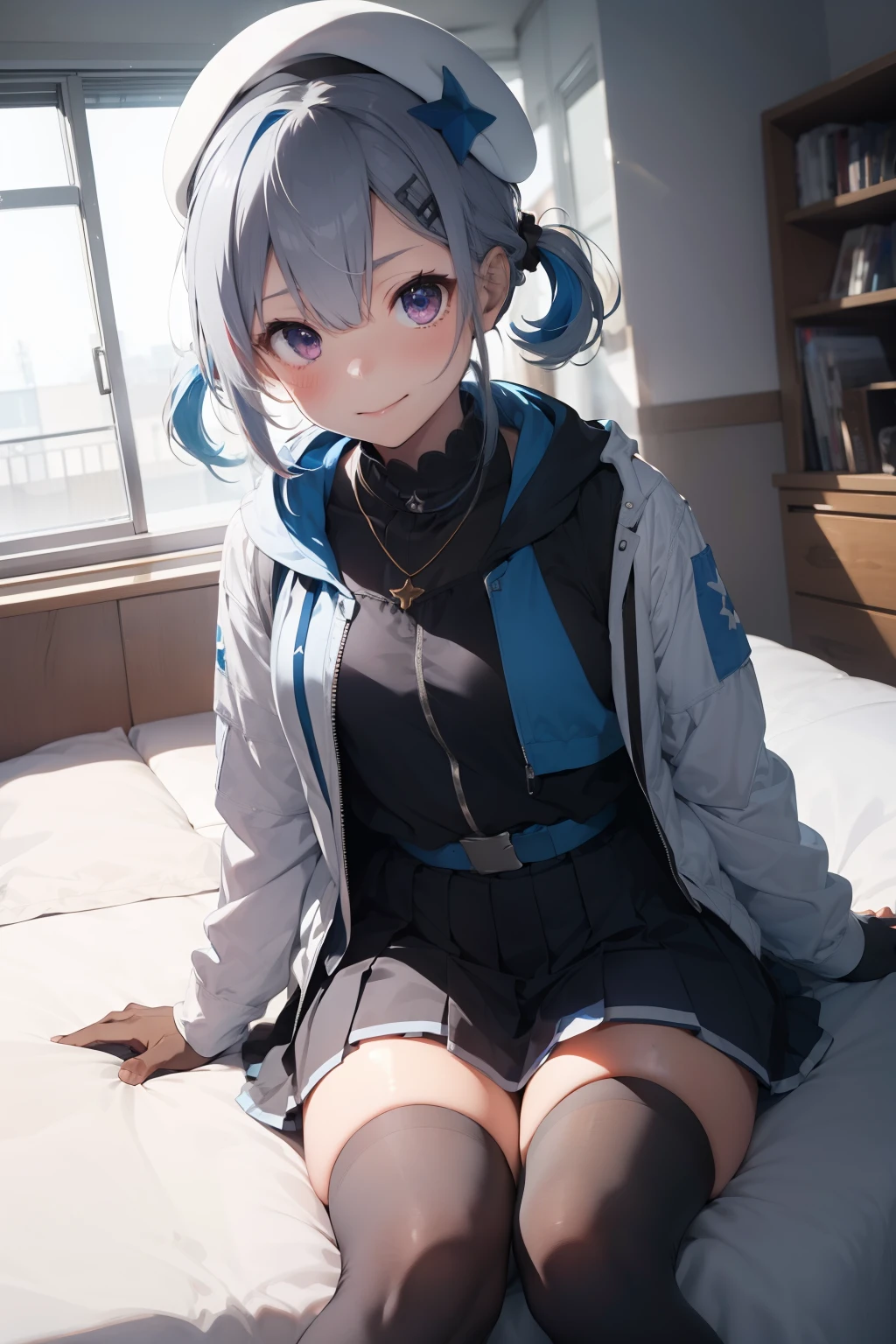 beretkanatan, 1girl, solo, multicolored hair, partially fingerless black gloves, grey hair, mini wings, angel wings, blue hair, white jacket, white beret, single hair intake, hair ornament, colored inner hair, single blue thighhigh, white sneakers, purple eyes, hairclip, single sock, thigh strap, long hair, hair rings, asymmetrical legwear, single black kneehigh, streaked hair, long sleeves, closed mouth, twintails, open jacket, star necklace, necklace,pleated skirt, asymmetrical bangs, uneven legwear, puffy long sleeves, smile, black dress, blue skirt, hooded jacket, blue belt, frills, thigh pouch, (on bed:1.3),