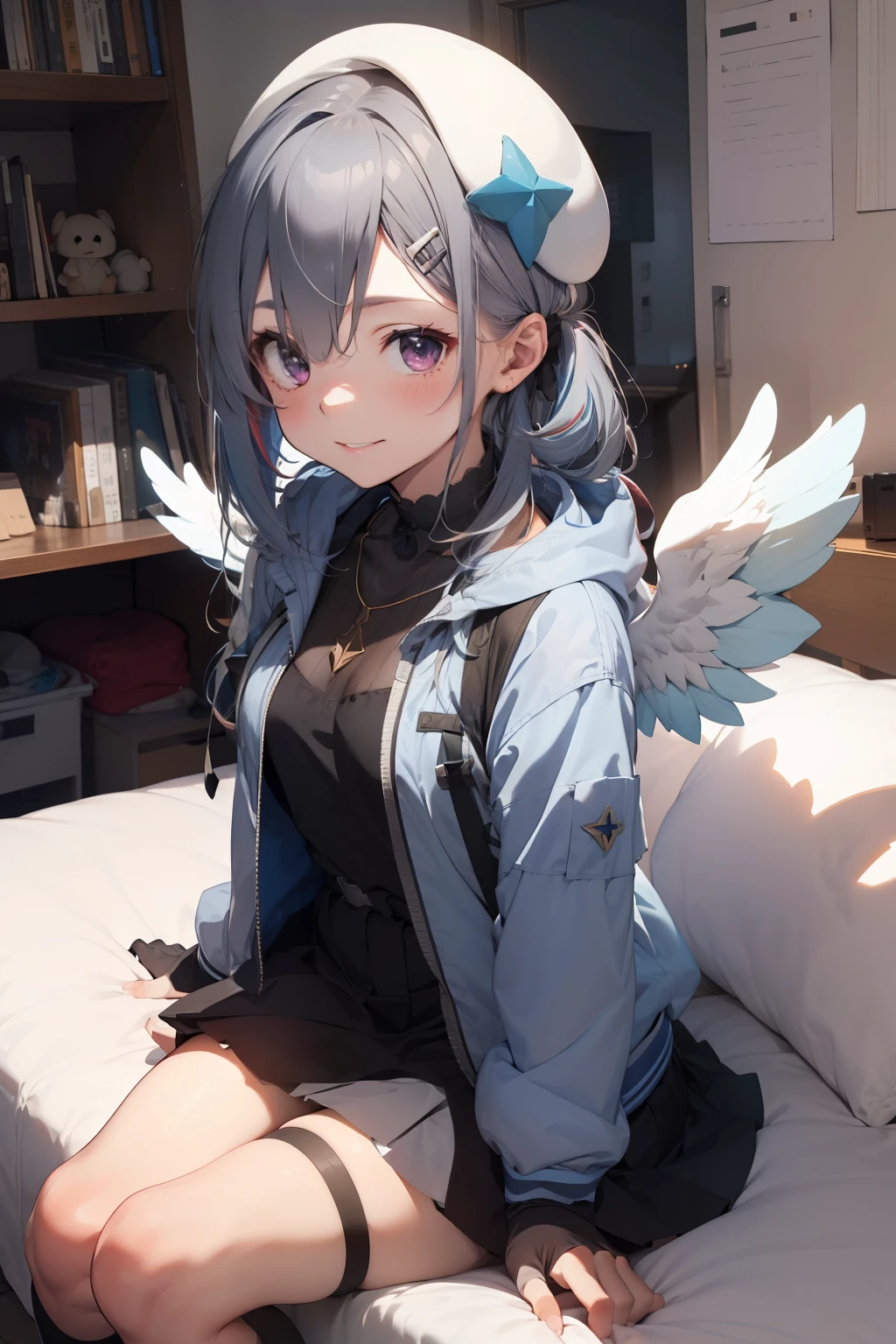 beretkanatan, 1girl, solo, multicolored hair, partially fingerless black gloves, grey hair, mini wings, angel wings, blue hair, white jacket, white beret, single hair intake, hair ornament, colored inner hair, single blue thighhigh, white sneakers, purple eyes, hairclip, single sock, thigh strap, long hair, hair rings, asymmetrical legwear, single black kneehigh, streaked hair, long sleeves, closed mouth, twintails, open jacket, star necklace, necklace,pleated skirt, asymmetrical bangs, uneven legwear, puffy long sleeves, smile, black dress, blue skirt, hooded jacket, blue belt, frills, thigh pouch, (on bed:1.3),