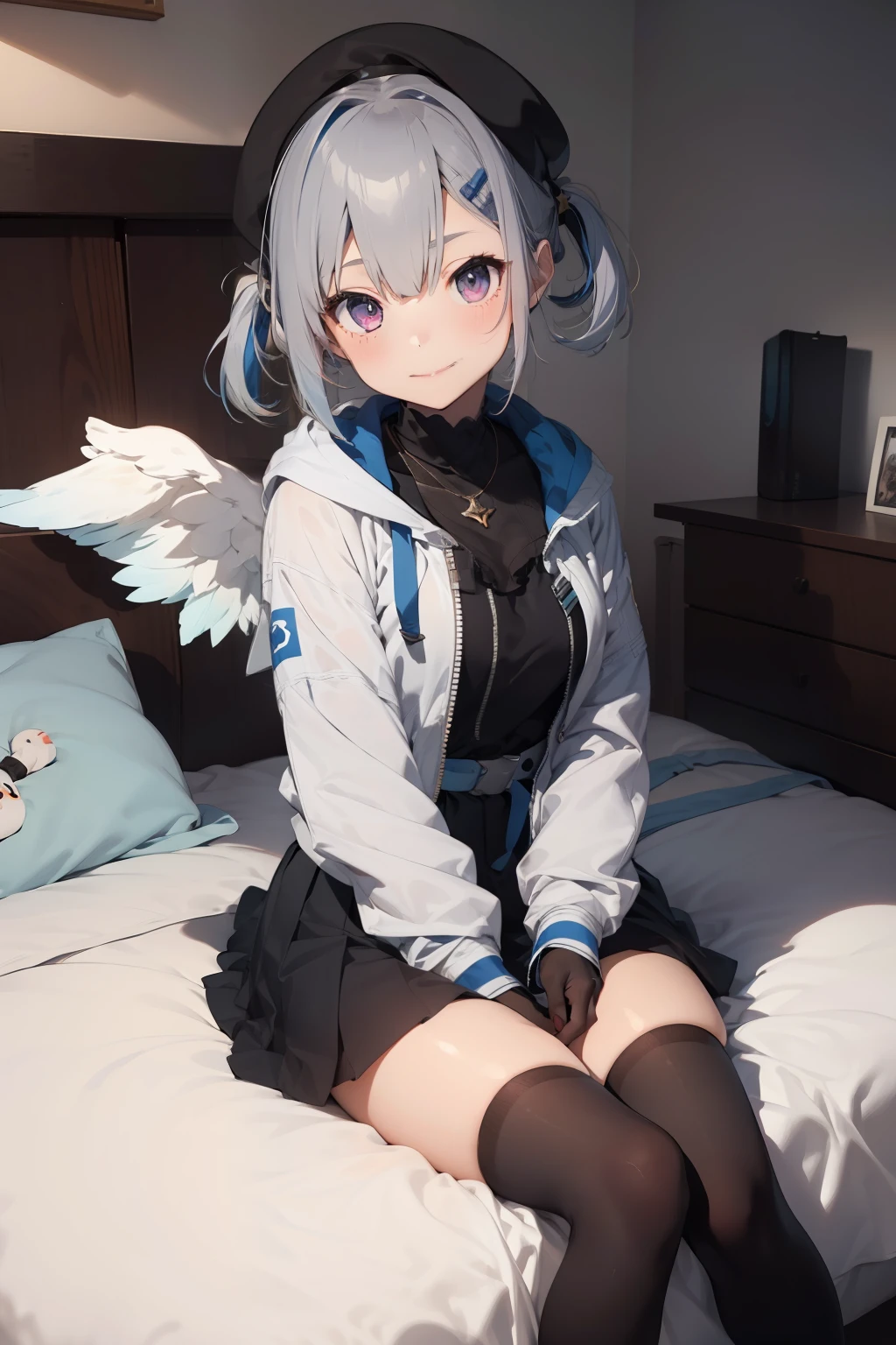 beretkanatan, 1girl, solo, multicolored hair, partially fingerless black gloves, grey hair, mini wings, angel wings, blue hair, white jacket, white beret, single hair intake, hair ornament, colored inner hair, single blue thighhigh, white sneakers, purple eyes, hairclip, single sock, thigh strap, long hair, hair rings, asymmetrical legwear, single black kneehigh, streaked hair, long sleeves, closed mouth, twintails, open jacket, star necklace, necklace,pleated skirt, asymmetrical bangs, uneven legwear, puffy long sleeves, smile, black dress, blue skirt, hooded jacket, blue belt, frills, thigh pouch, (on bed:1.3),