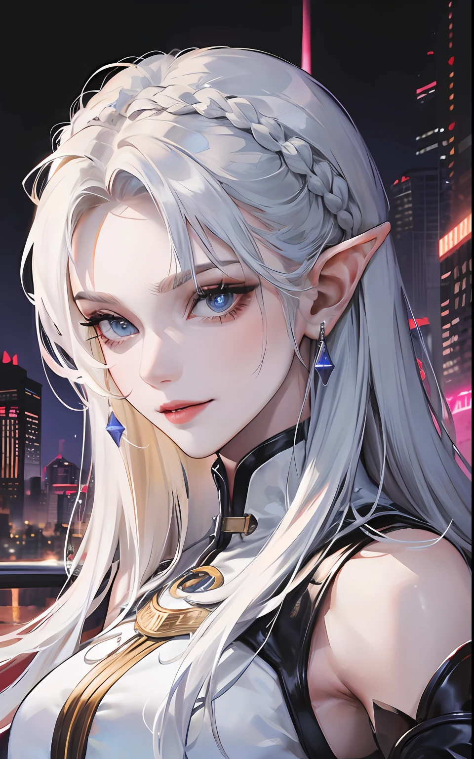 cyberpunk girl face, attractive, (((1man))), masterpiece, absurdres, best quality ,intricate details, (shiny skin, shiny body, shiny oily luster skin, shiny hair, pale skintone), Sundown, attractive, ((muscular)), adult, one, earrings, look at the view , white hair, braided hair, perfect detailed face, perfect detailed hands, nimbus, blue eyes, elf ears, smirk, silver ornaments, (((night))), moonlight, darkness, dark light, character seen from afar, winter clothes, perfect detailed eyes, perfect detailed face, perfect proportions, looks evil, dark, masculine, white armor, white clothes, portrait, head is straight, view from the front, shot with both shoulders and head straight, arrogant, cocky, mysterious