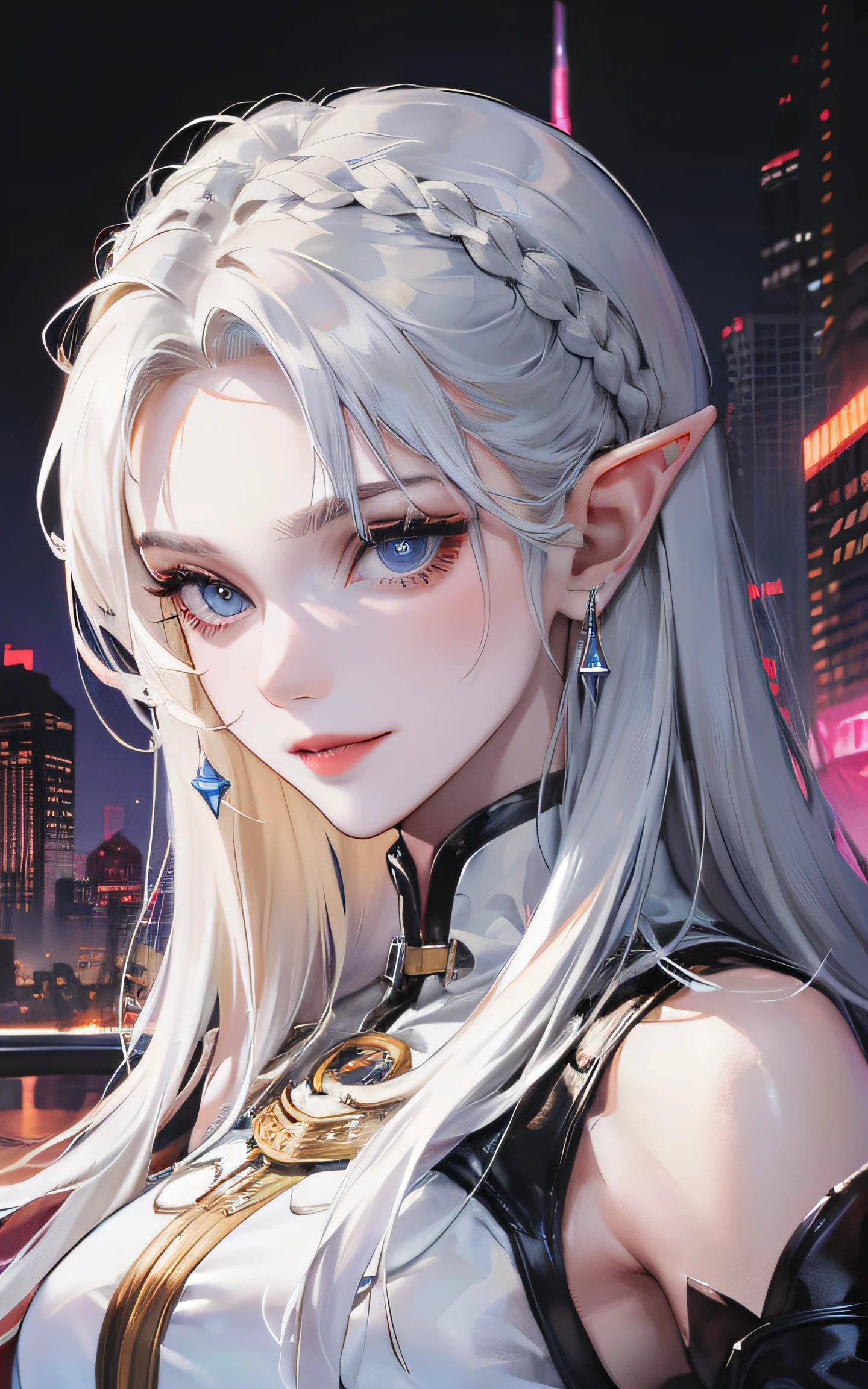 cyberpunk girl face, attractive, (((1man))), masterpiece, absurdres, best quality ,intricate details, (shiny skin, shiny body, shiny oily luster skin, shiny hair, pale skintone), Sundown, attractive, ((muscular)), adult, one, earrings, look at the view , white hair, braided hair, perfect detailed face, perfect detailed hands, nimbus, blue eyes, elf ears, smirk, silver ornaments, (((night))), moonlight, darkness, dark light, character seen from afar, winter clothes, perfect detailed eyes, perfect detailed face, perfect proportions, looks evil, dark, masculine, white armor, white clothes, portrait, head is straight, view from the front, shot with both shoulders and head straight, arrogant, cocky, mysterious, eyes look perfect, detailed eyes