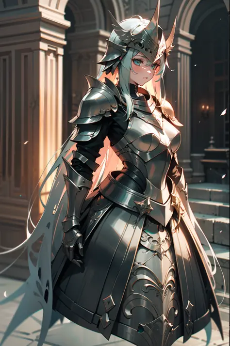 a woman medieval knight, wearing a black and teal dress armor, full silver helmet, masterpiece, beautiful