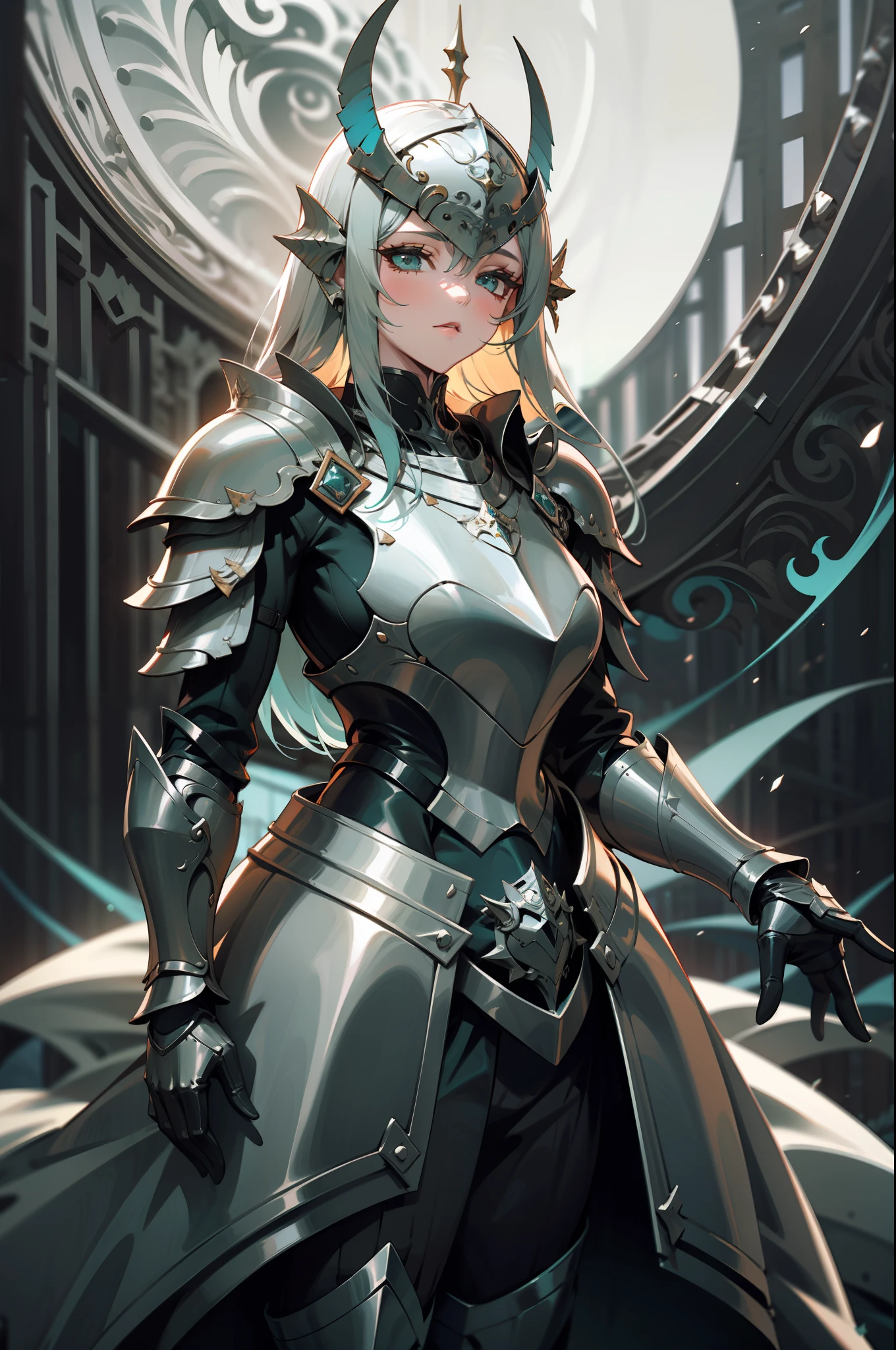 eine mittelalterliche Ritterin, trägt eine schwarz-blaugrüne Rüstung, voller silberner Helm, Meisterwerk, Schön