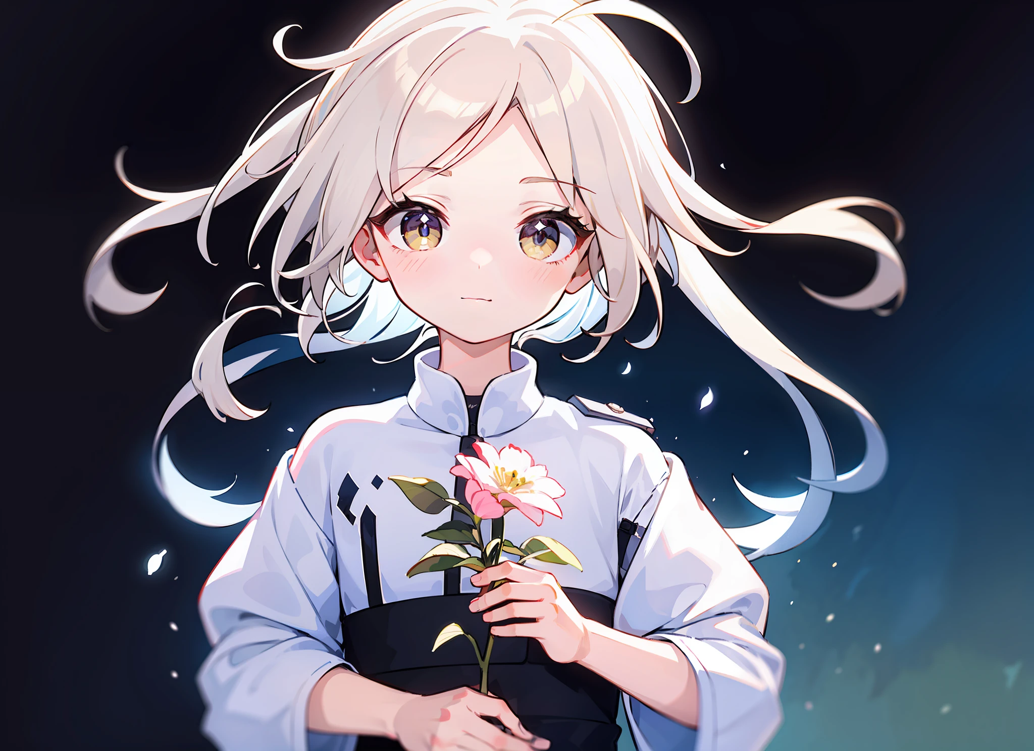 styled， masterpaintings， optimal quality， Special details， illustration，Sweet interaction，Tuuli，florals，Correct proportions，Lover holding flowers，Atmosphere of love，Fresh tones，Simple background，Girls have long white hair，The boy has short white hair，