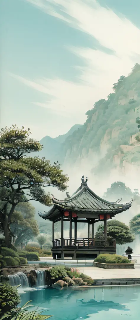 Chinese Suzhou garden，Pflanzen，pools of water，gracefulness，elegant，naturey，Pavilions，lightcolor，ren，Aqua，Ink style，Traditional Chinese painting