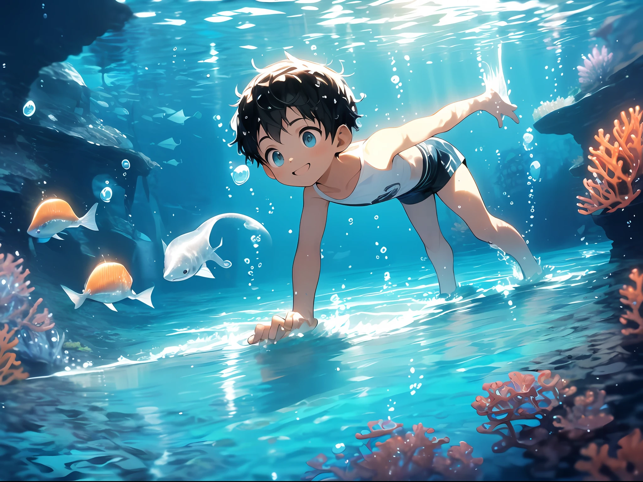 shota，black color hair，toddlers，blue eyes， Q version， lovely， to stand， Master masterpieces， high resolution，8K，detailedbackground，hightquality，Libido boy，solo，swimshorts，Happy expression，，close-ups，erectile nipple，deep ocean,((((At the bottom of the sea， In the sea， playing in water， swimmning， dive，afloat))))， solo，fishes