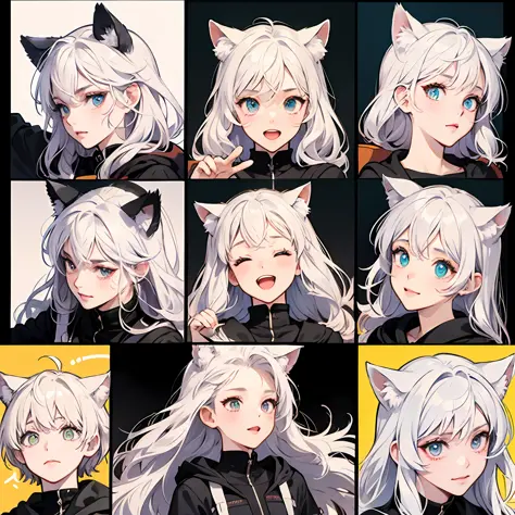Cute girl avatar，emoji pack，whitehair，cat ear，(9 emojis，emoji sheet，Align arrangement)，9 poses and expressions（Grieving，astonishment，having fun，excitement，big laughter，Angry，doubt，Touch your head，Sell moe, wait），Anthropomorphic style，Disney style，Black str...