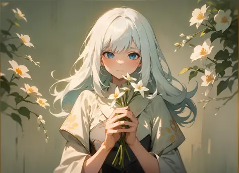 styled， masterpaintings， optimal quality， Special details， illustration，Sweet interaction，Tuuli，florals，Correct proportions，Lover holding flowers，Atmosphere of love，Fresh tones，Simple background，Girls have long white hair，The boy has short white hair，
