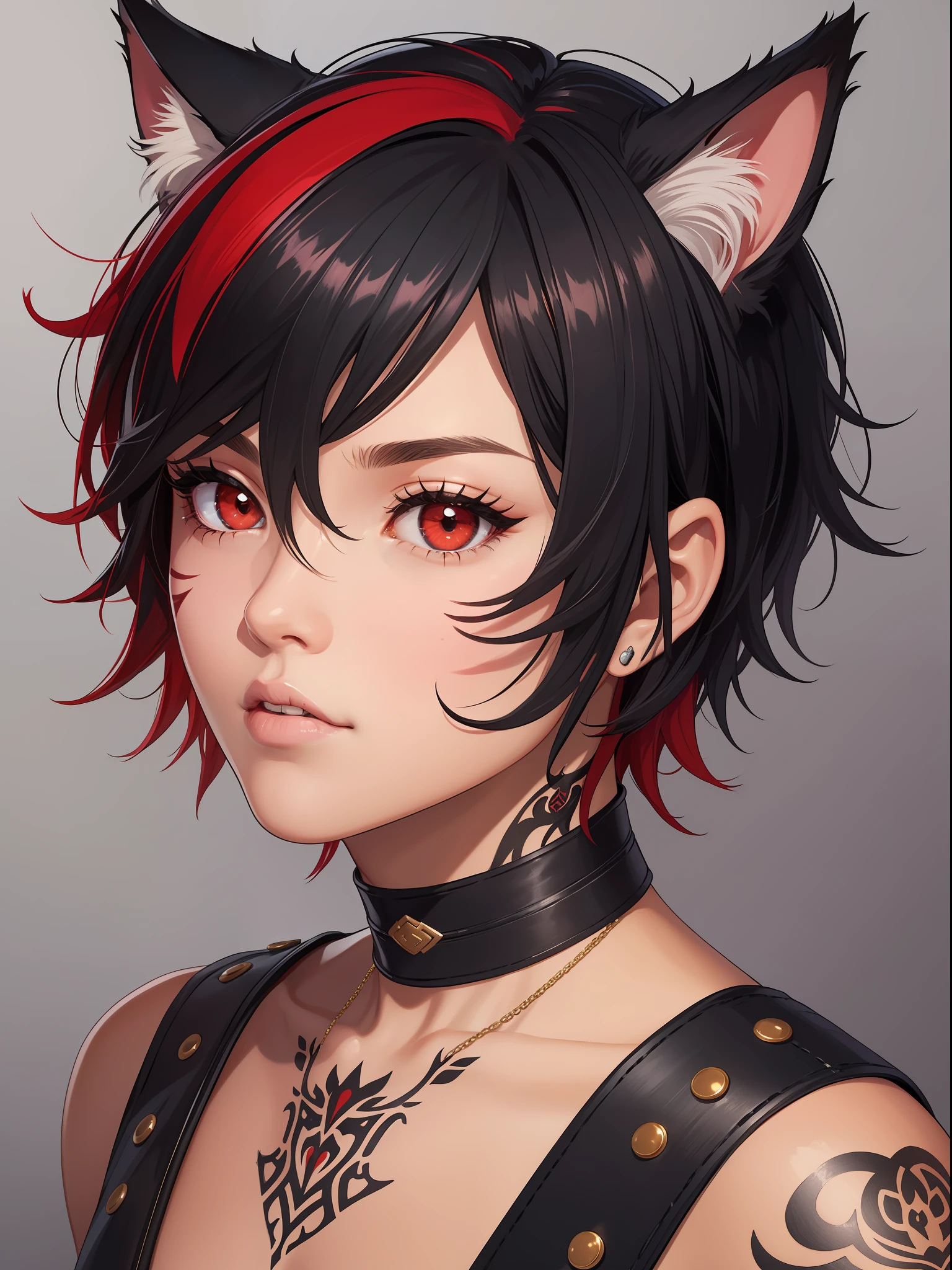 1girl, black hair, cat boy, dark skin, facial mark, hair between eyes,lips, looking at viewer, male focus, neck tattoo, parted lips, red eyes, red hair, short hair, slit pupils, solo,