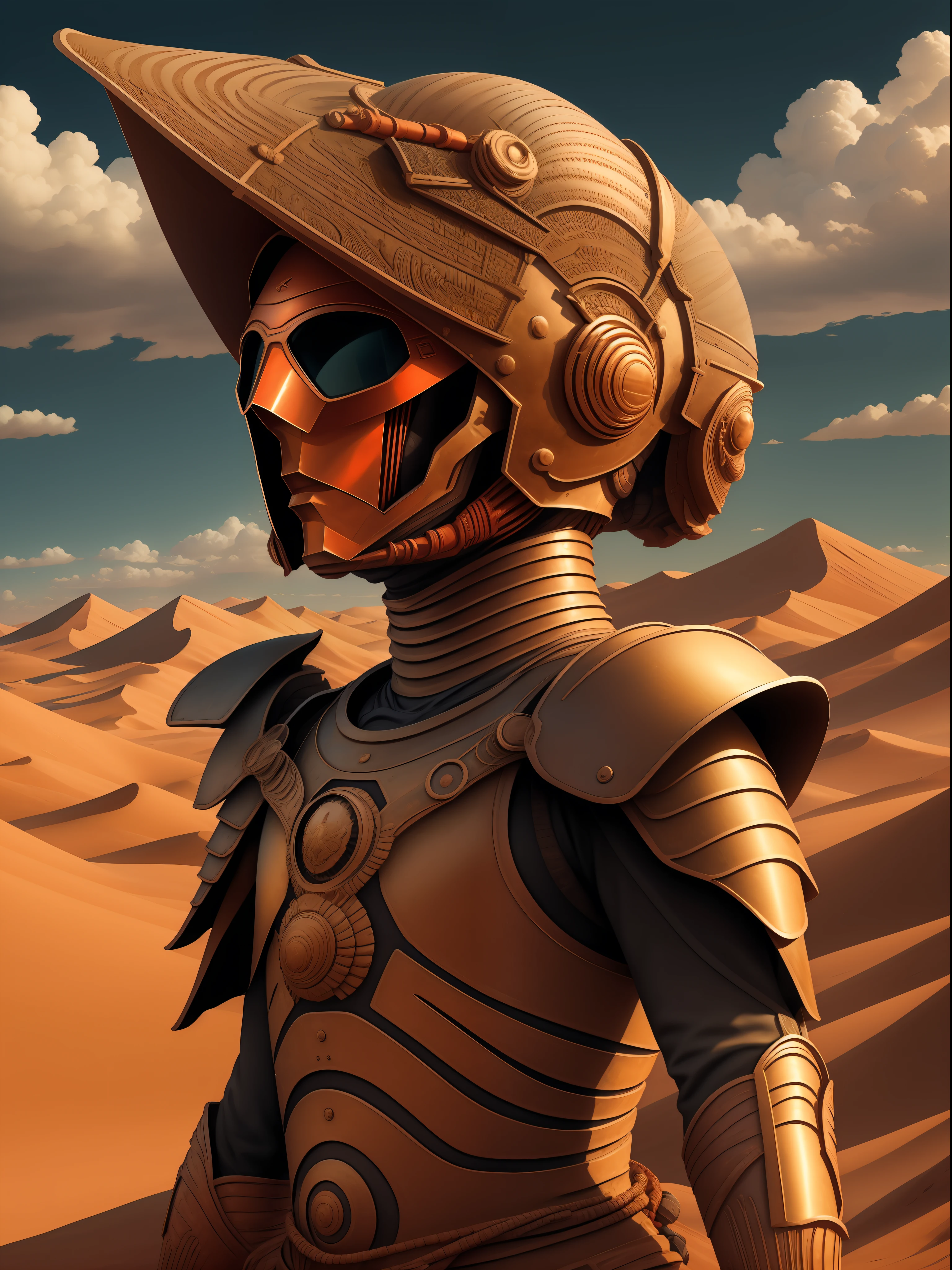 A close up of a person in a helmet and armor in the desert - SeaArt AI